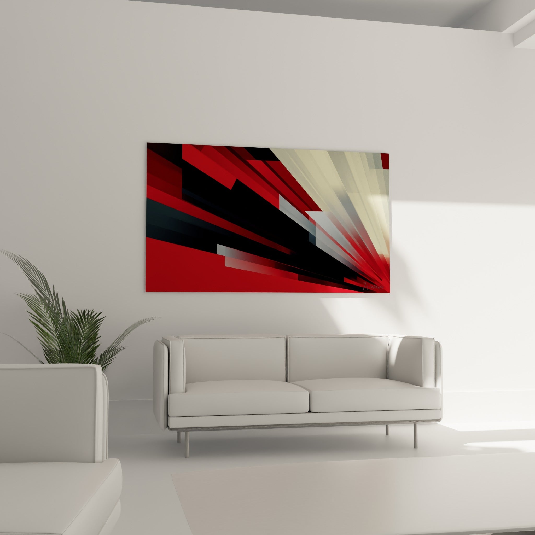 Lignes rouges et anthracite en mouvement de ce tableau géométrique abstrait, au-dessus d'un canapé dans un salon lumineux