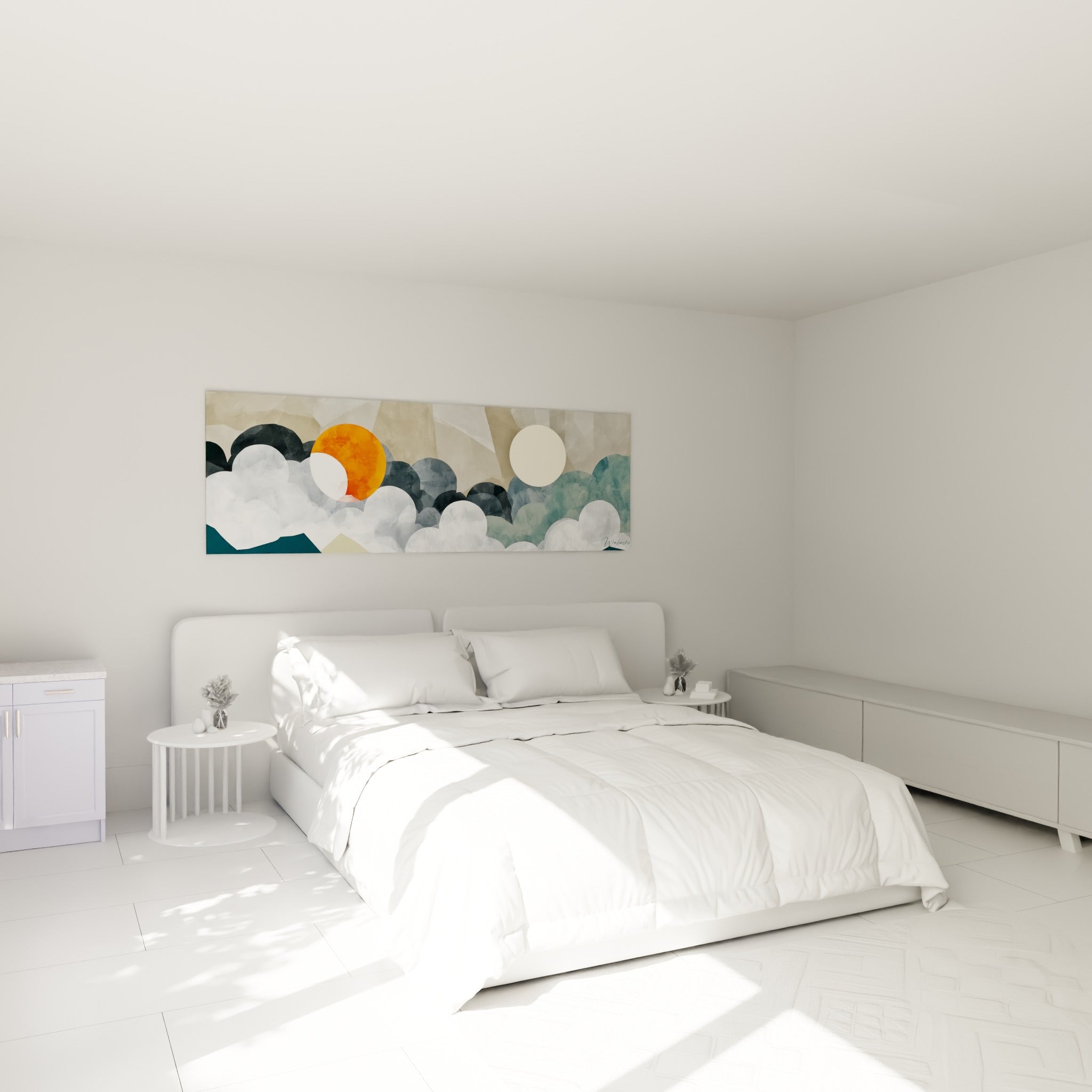 Sphères orange et crème émergeant de nuages taupe, au-dessus d'un lit dans une chambre claire