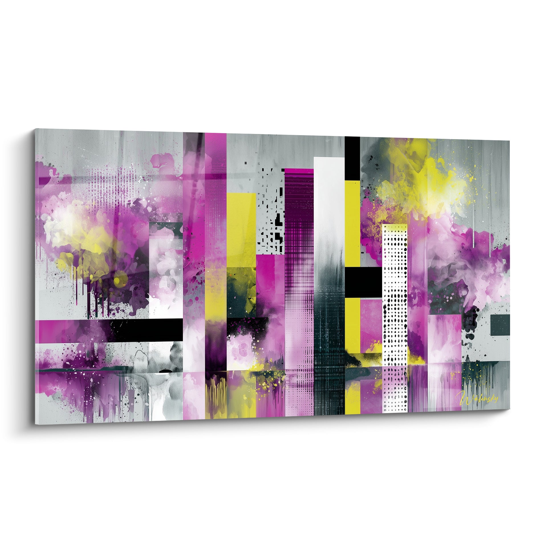 Tableau géometrique abstrait aux bandes magenta, jaune vif et gris anthracite entrelacées