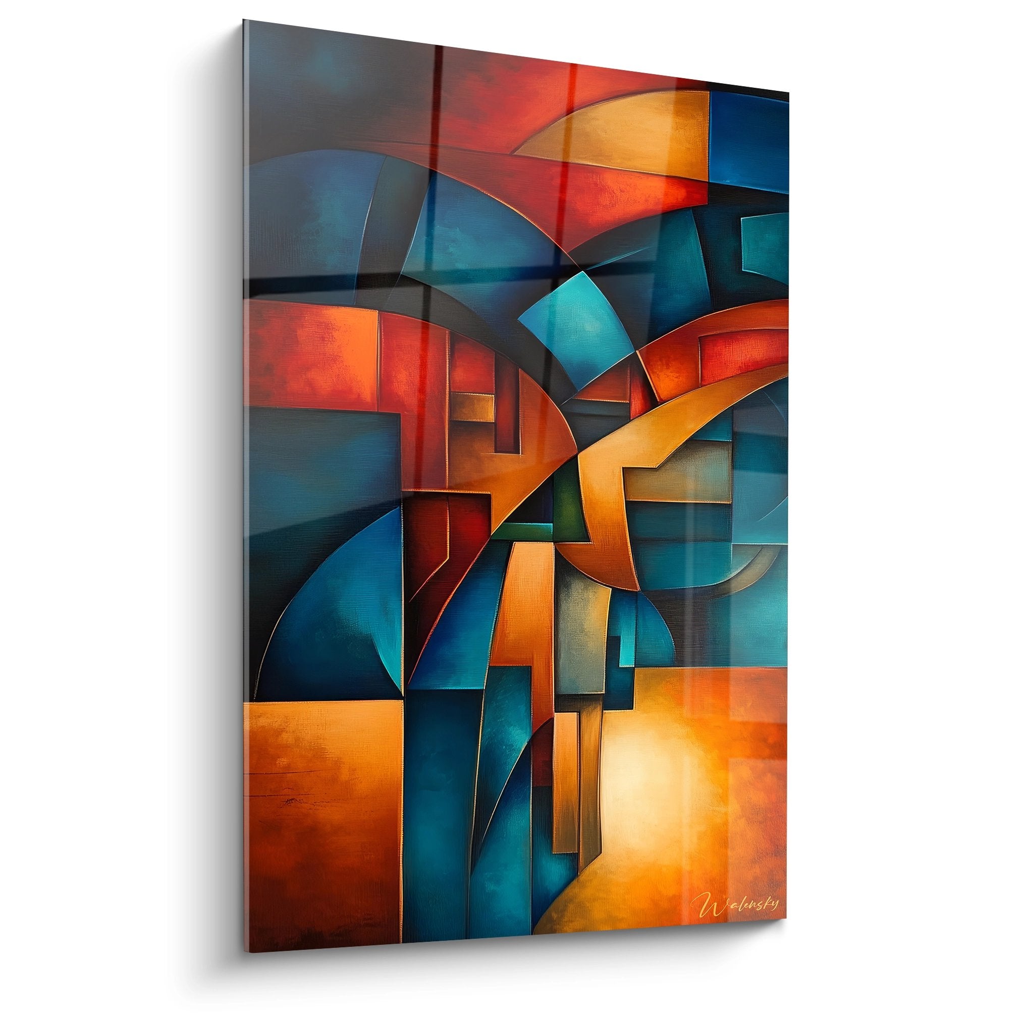 Tableau géométrique abstrait moderne aux couleurs vives orange et bleu pour décoration murale contemporaine