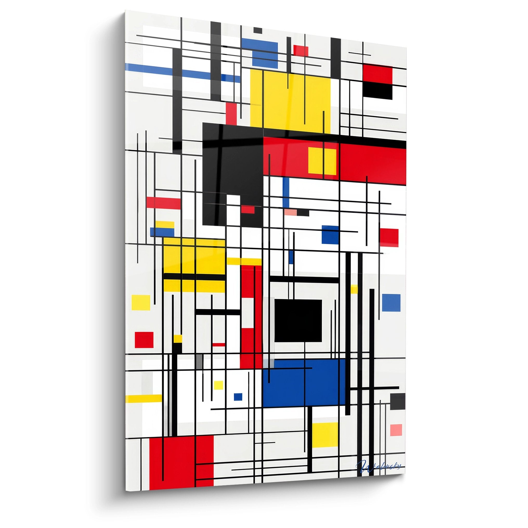 Tableau mural géométrique abstrait style Mondrian avec lignes noires et rectangles colorés rouge jaune bleu