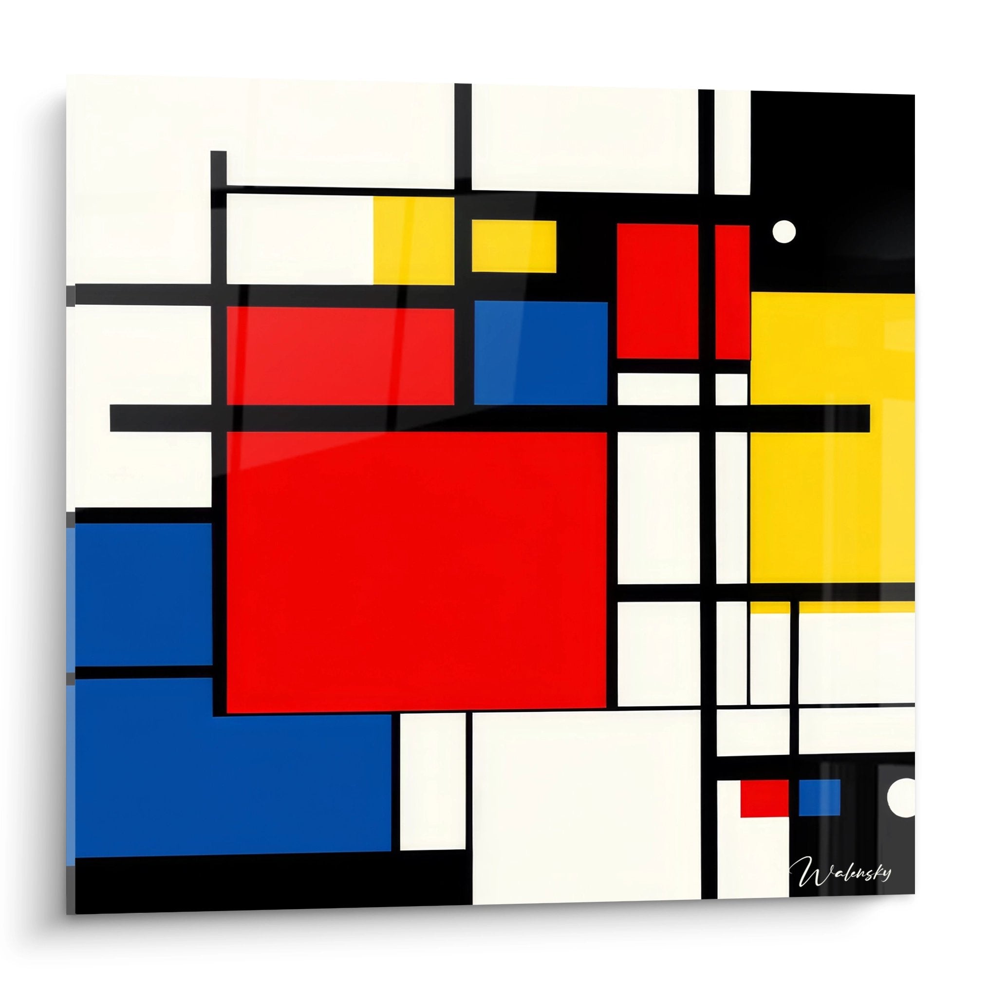 Tableau géométrique abstrait style Mondrian avec couleurs primaires rouge bleu jaune sur fond blanc