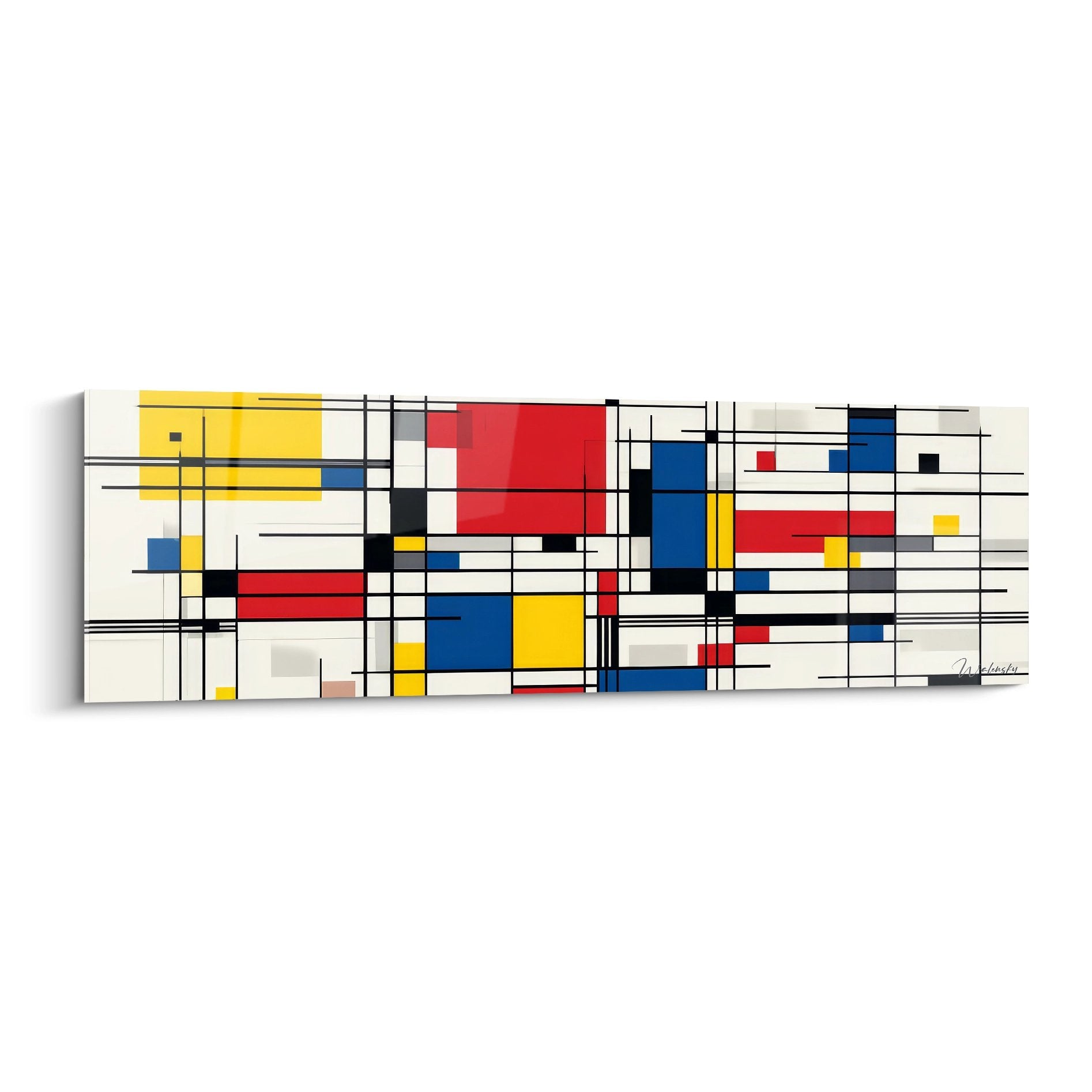 Tableau géométrique abstrait style Mondrian avec couleurs primaires rouge bleu jaune sur fond blanc