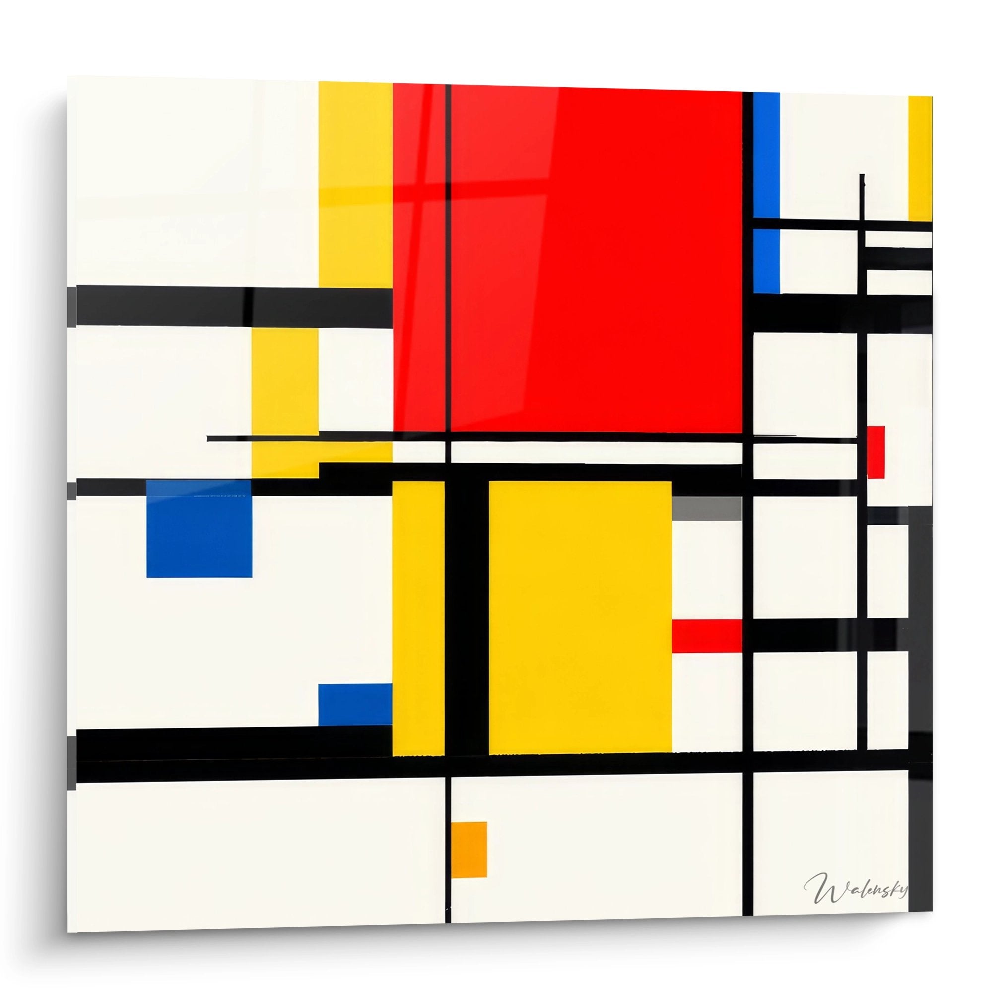 Tableau géométrique abstrait coloré style Mondrian avec formes rectangulaires rouge bleu jaune
