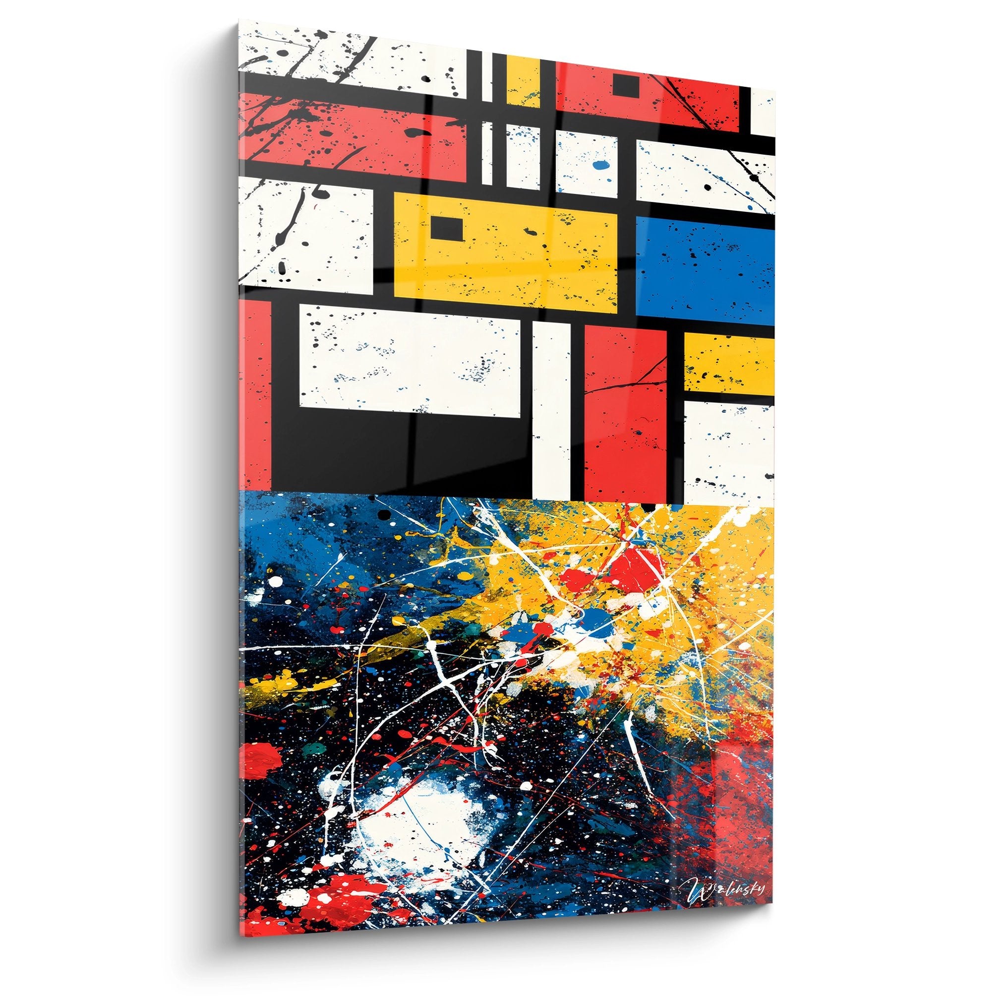 Tableau géométrique abstrait moderne alliant structure Mondrian et expressionnisme coloré contemporain