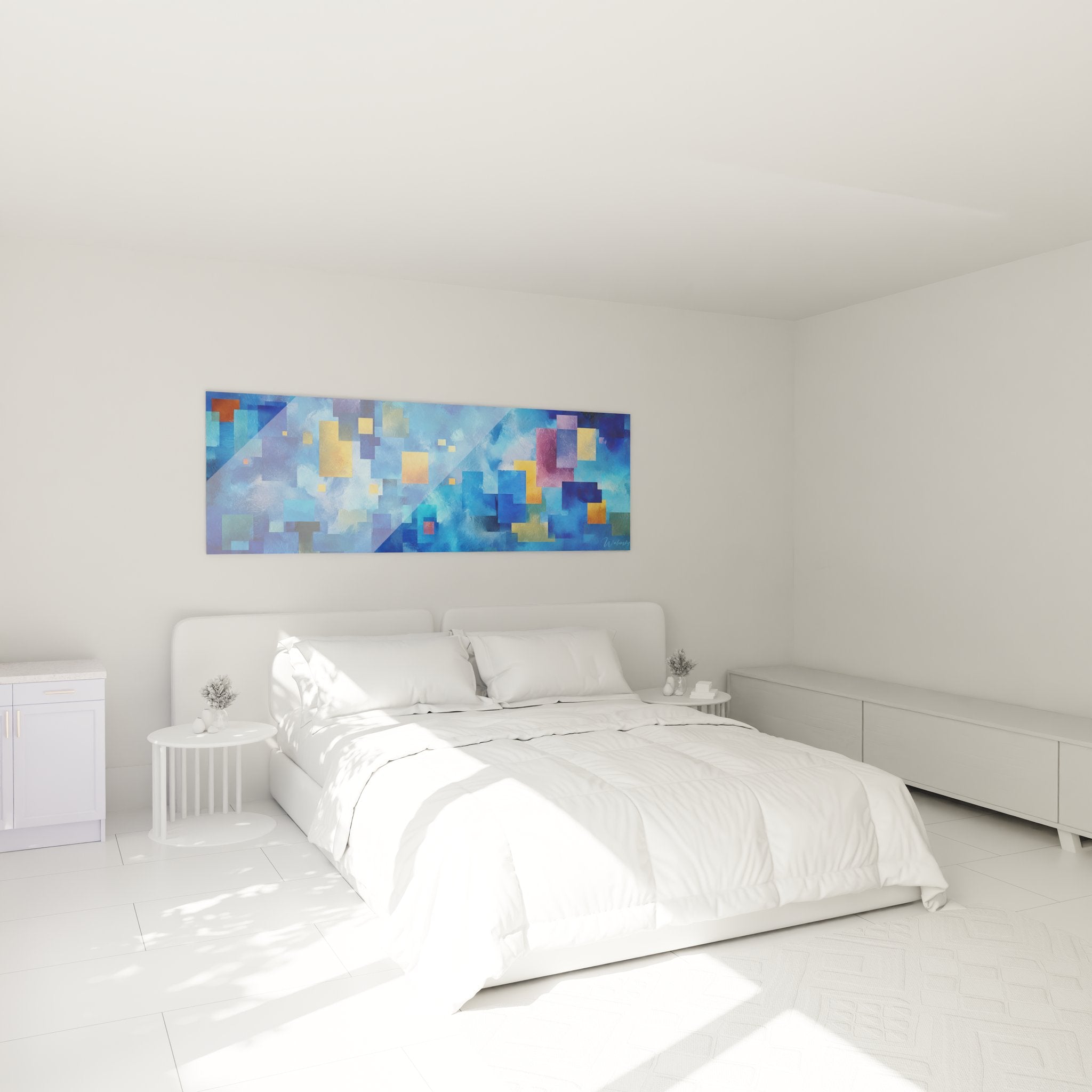 Ambiance chambre avec tableau géométrique abstrait mosaïque colorée décoration murale moderne