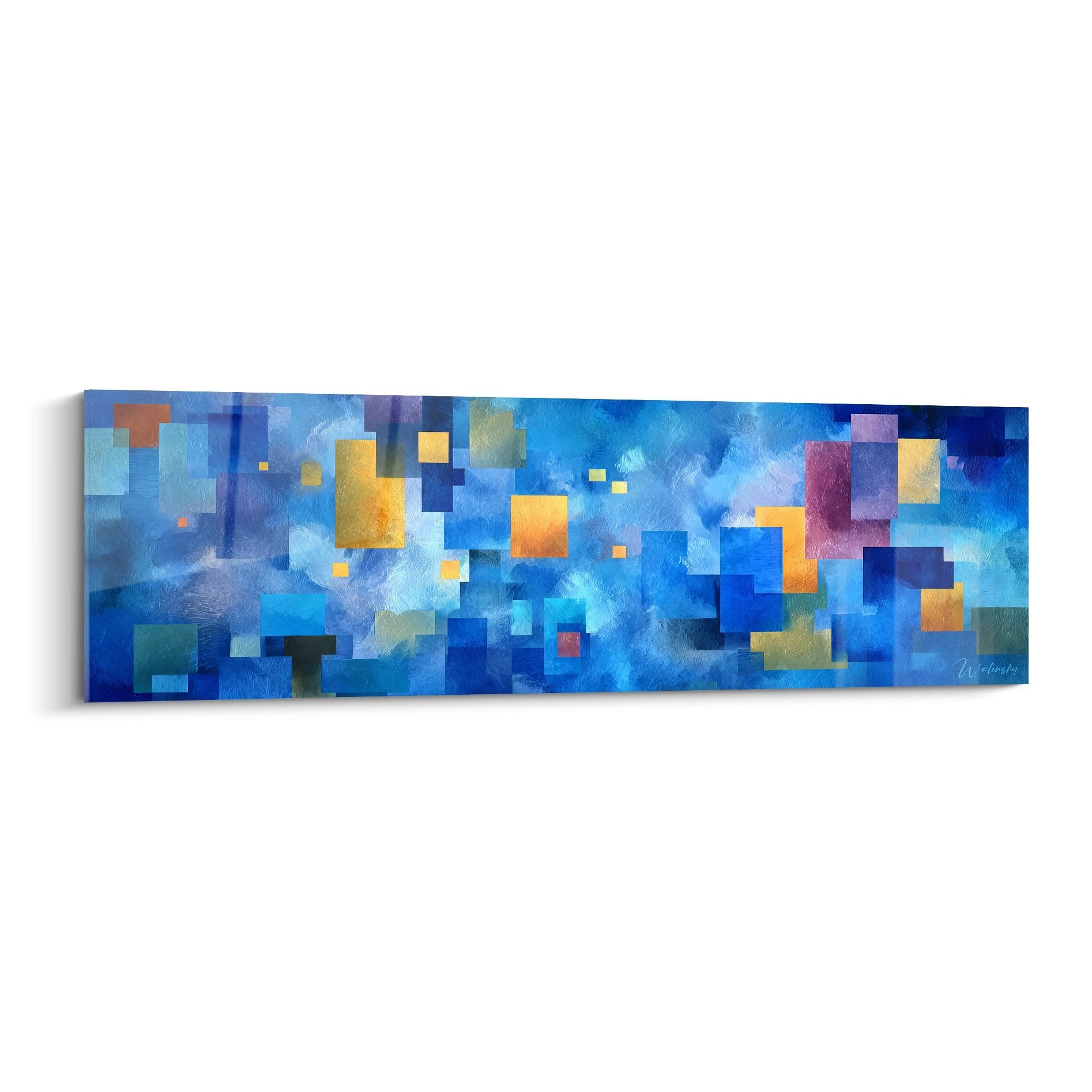Tableau mural géométrique abstrait avec mosaïque de carrés colorés sur fond bleu contemporain