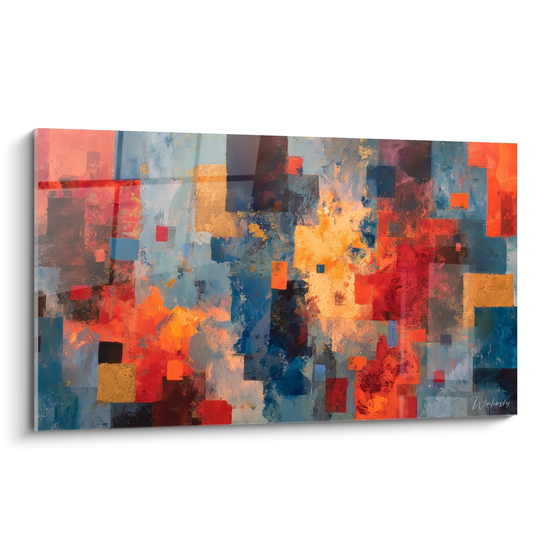 Tableau mural géométrique abstrait mosaïque colorée aux motifs carrés orange bleu rouge