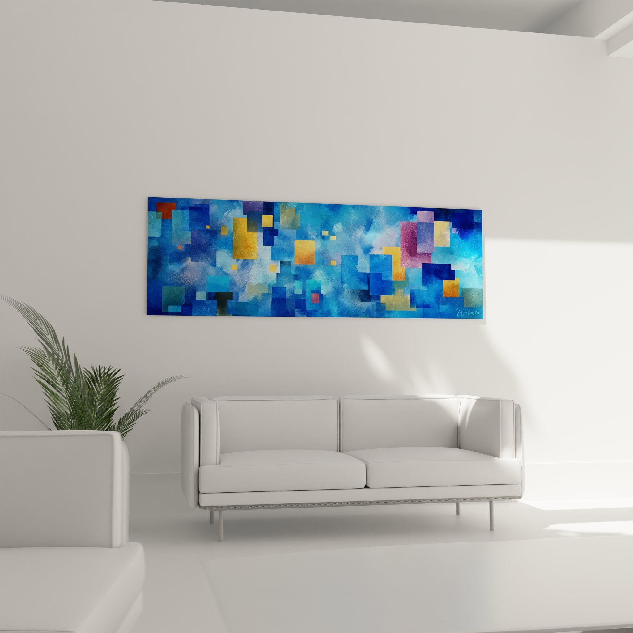 Gros plan détail tableau abstrait carrés géométriques dorés et colorés sur fond bleu artistique