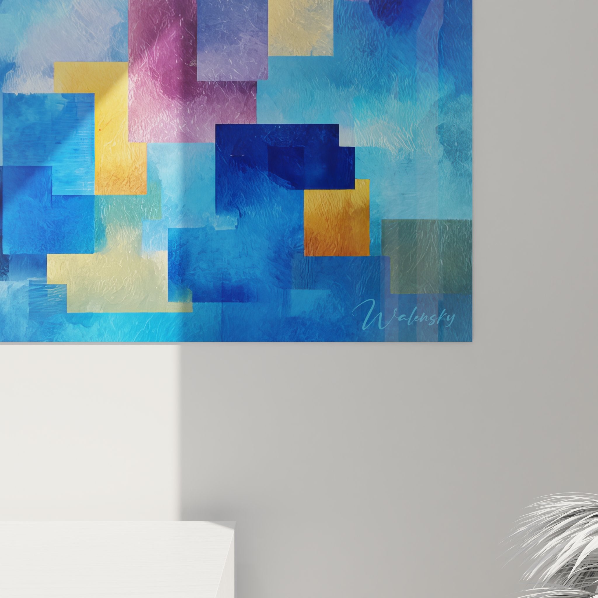 Vue ensemble tableau géométrique abstrait mosaïque carrés colorés art contemporain mural design