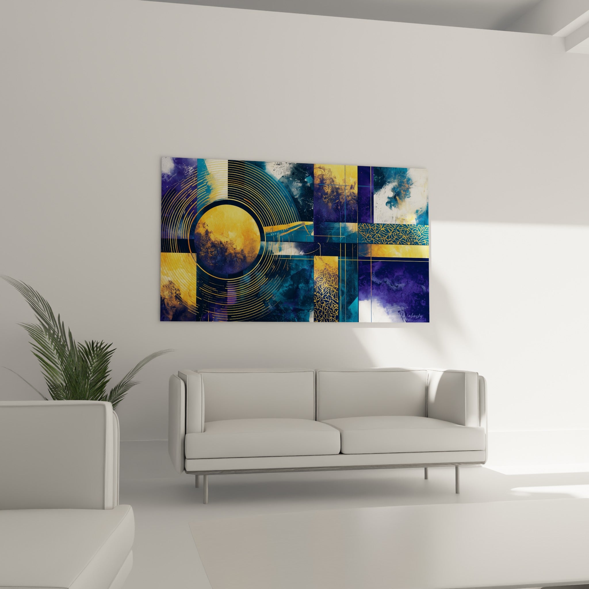 Motif circulaire doré et violet nocturne accroché au-dessus d'un canapé dans un salon lumineux et contemporain
