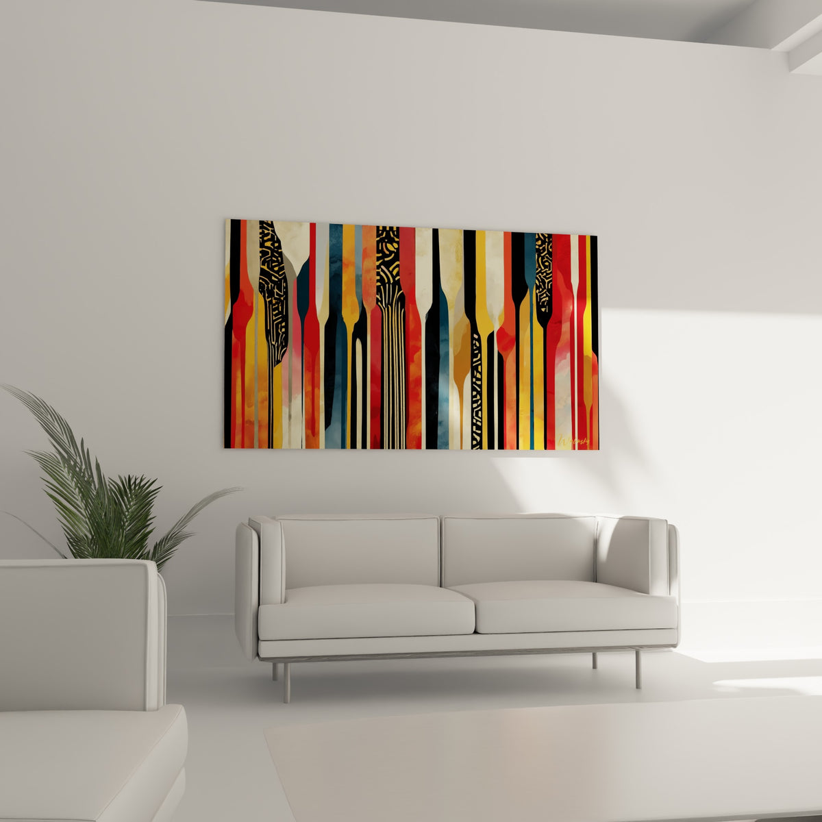 Motifs graphiques géometrique abstrait rouge brique et bleu pétrole au-dessus d'un canapé dans un salon lumineux