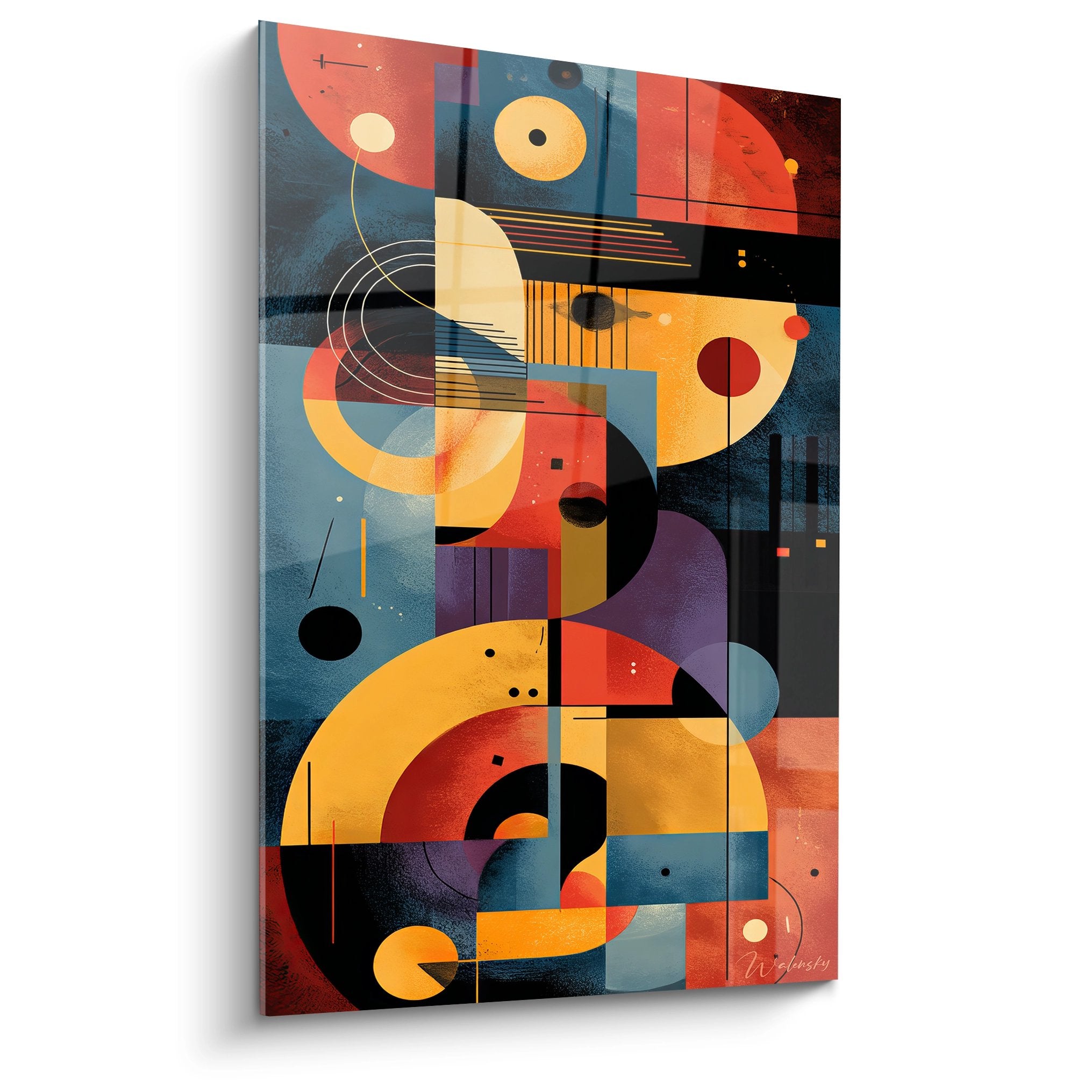 Tableau géométrique abstrait multicolore avec cercles et rectangles oranges bleus