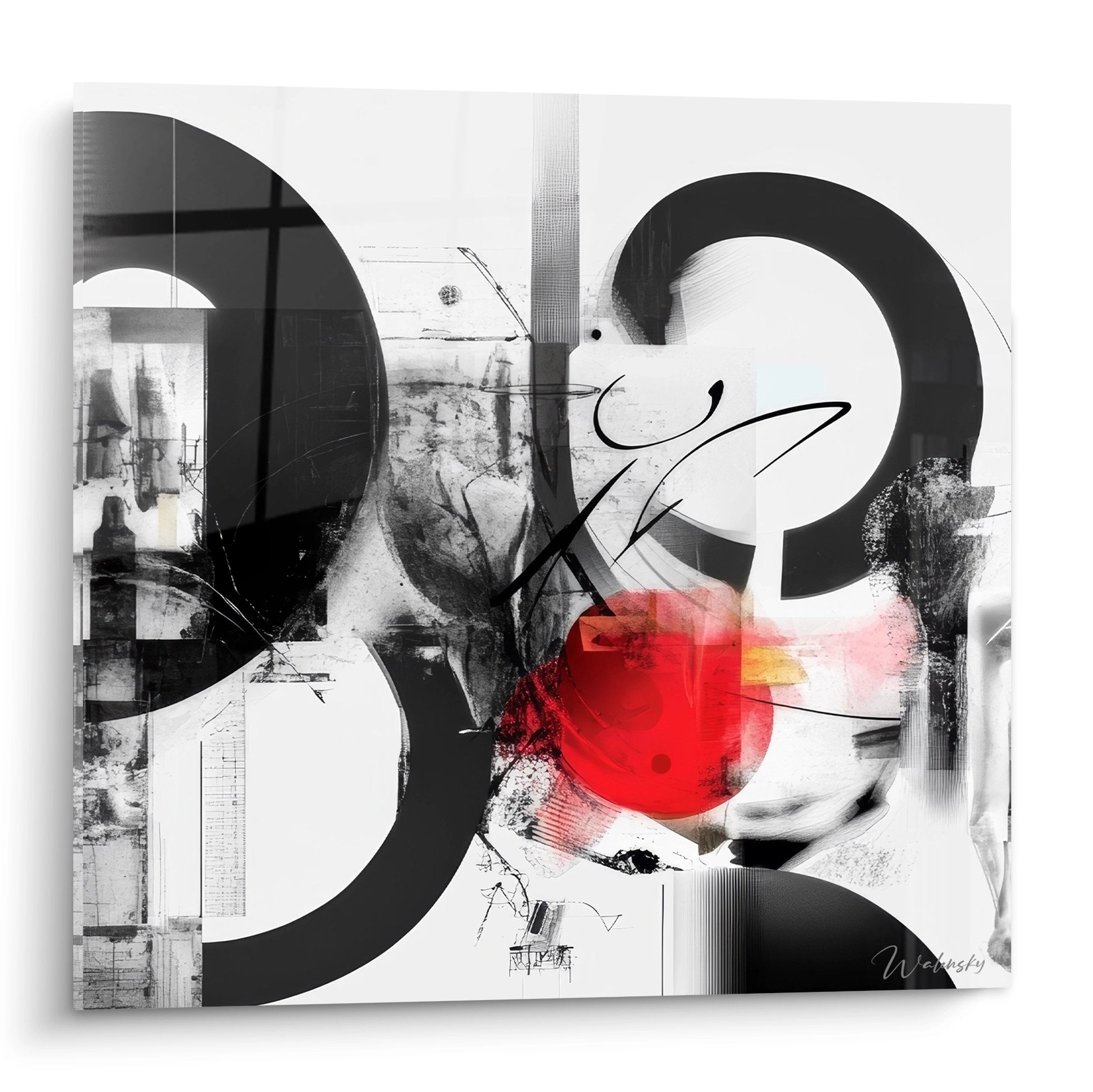 Tableau géométrique abstrait noir rouge moderne formes dynamiques art contemporain