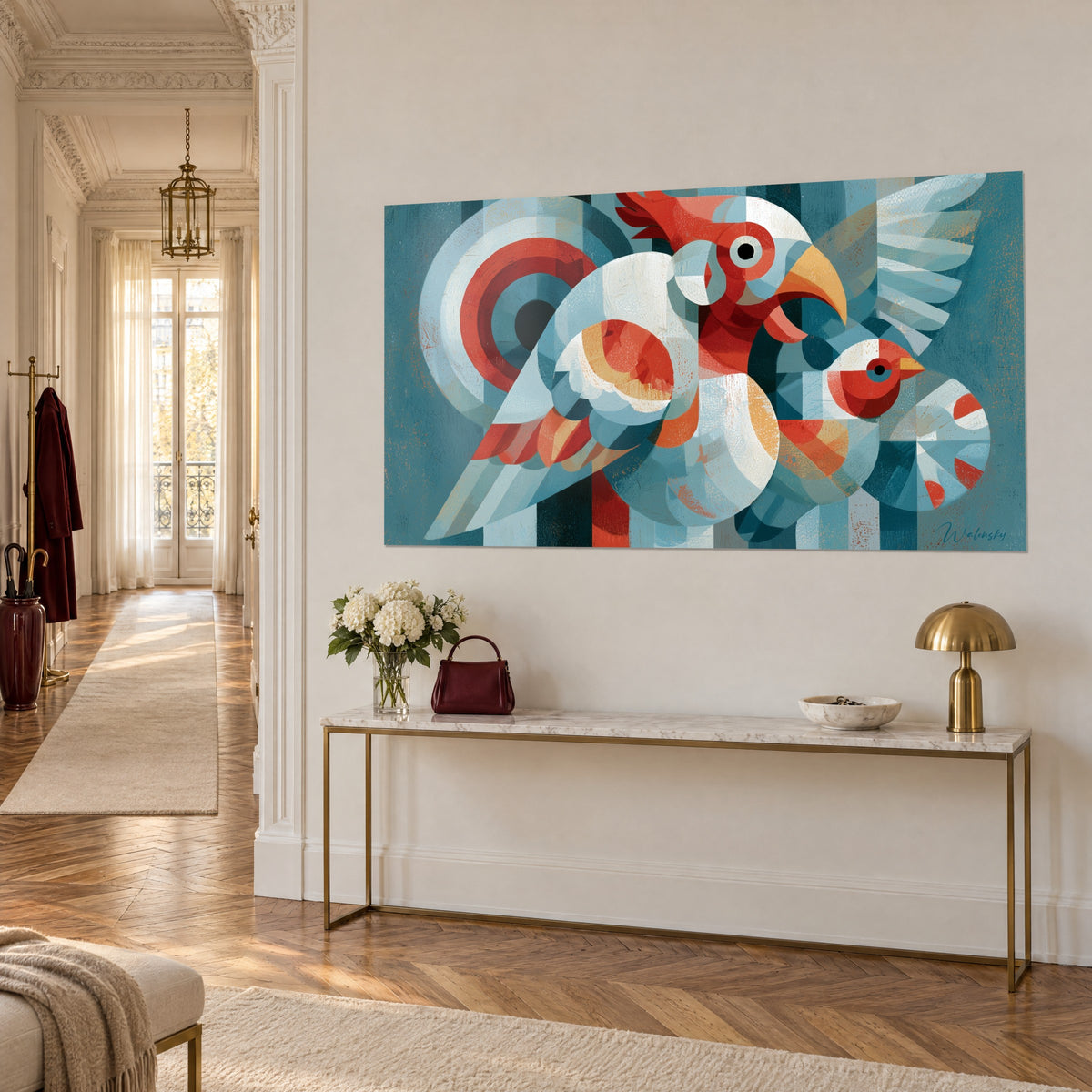 Wall art cubist birds with ochre beak and black ringed eye, concentric red and blue discs, on a beige wall beside a gold console