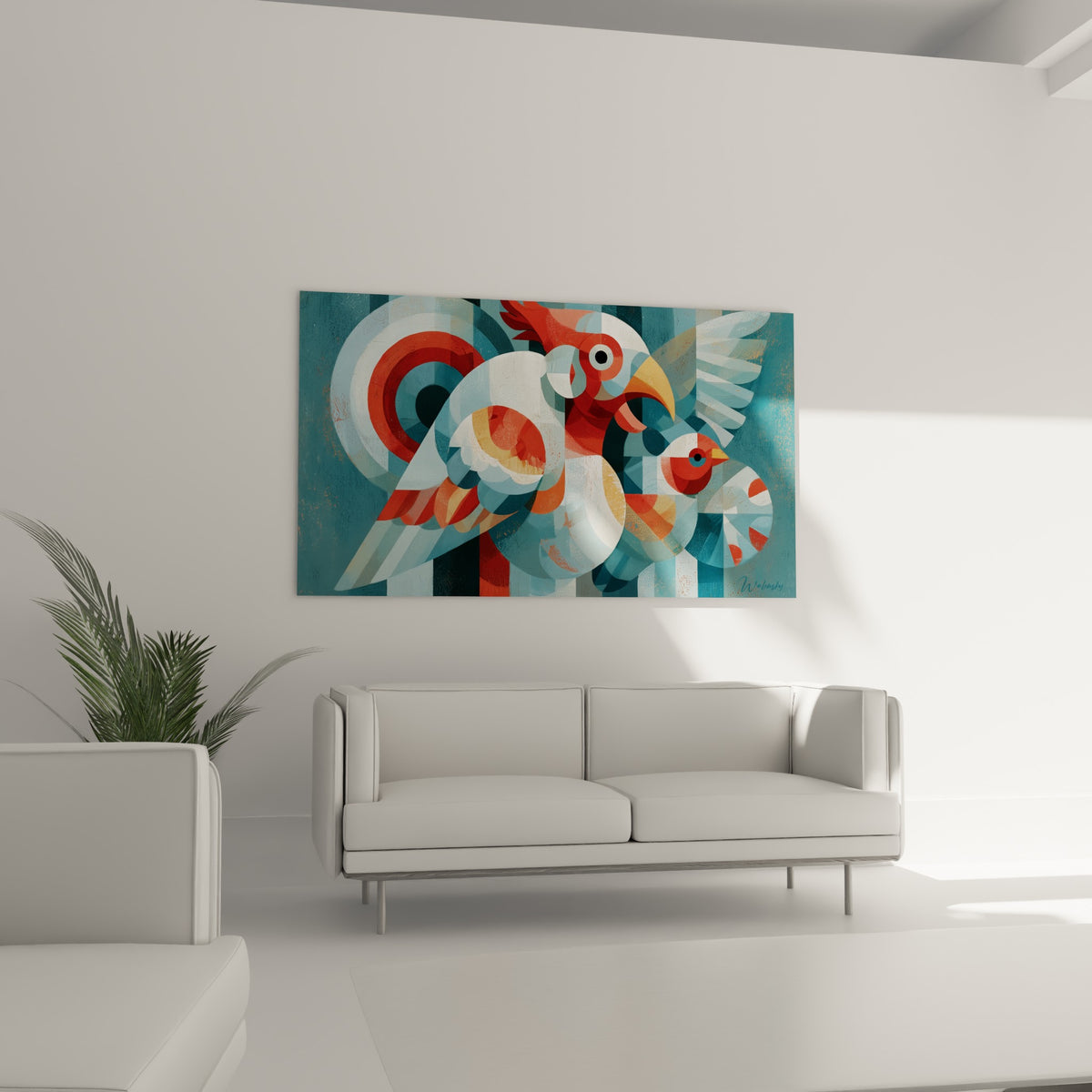 Volatiles rouge brique et bleu marine en aplats graphiques, au-dessus d'un canapé dans un salon lumineux
