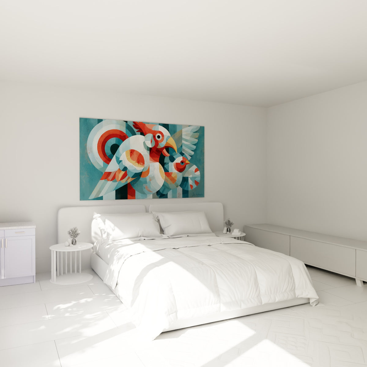 Silhouettes ailées bleu-gris et corail, tableau géometrique abstrait au-dessus d'un lit dans une chambre claire