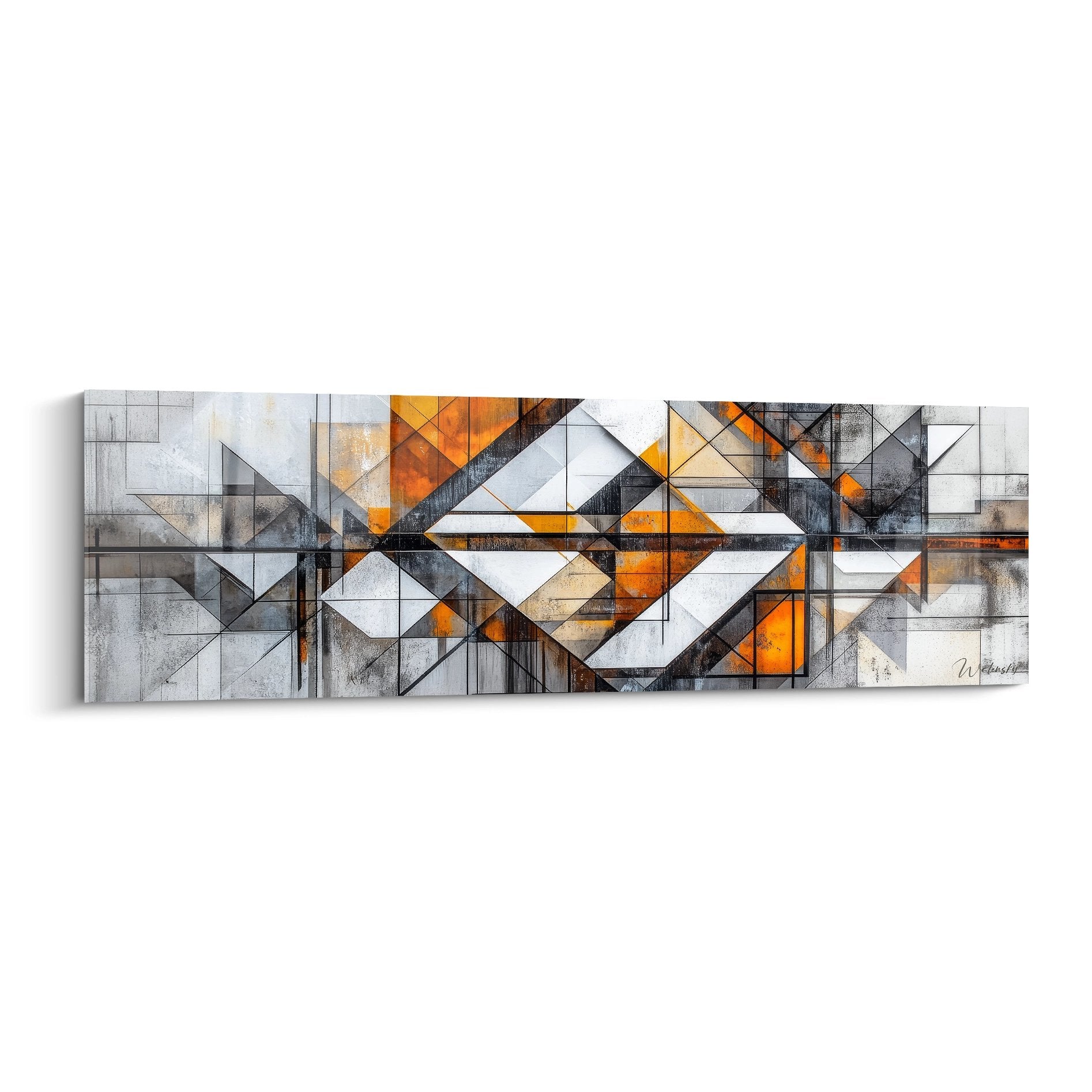 Tableau géométrique abstrait orange et gris avec formes triangulaires et motifs architecturaux modernes