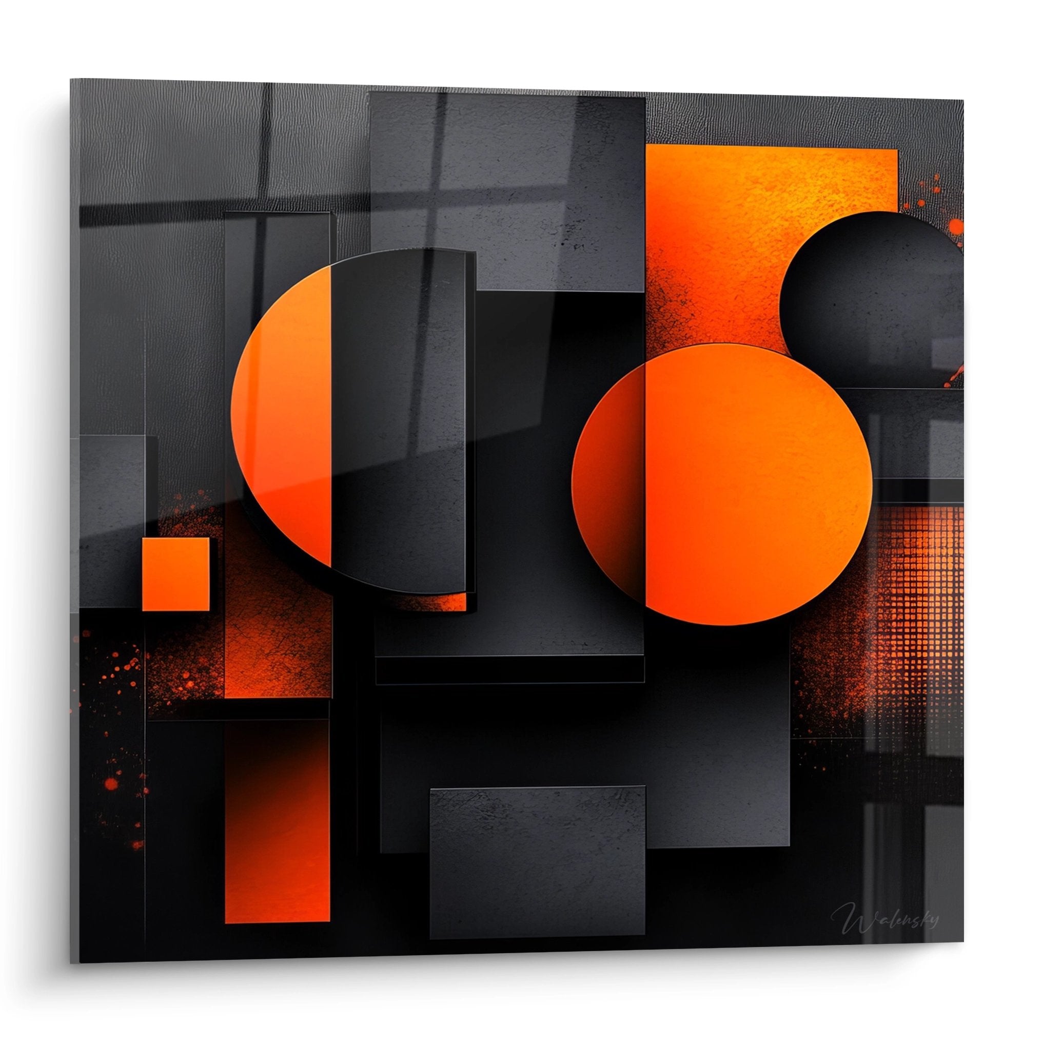 Tableau géométrique abstrait orange et noir avec cercles et rectangles sur fond gris moderne