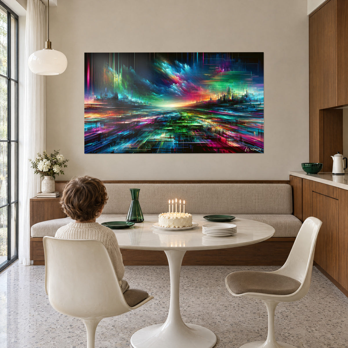 Schilderij van een stedelijke hallucinatie in lichtflitsen, gloeiend oranje en turquoise, kind aan tafel voor een verjaardagstaart
