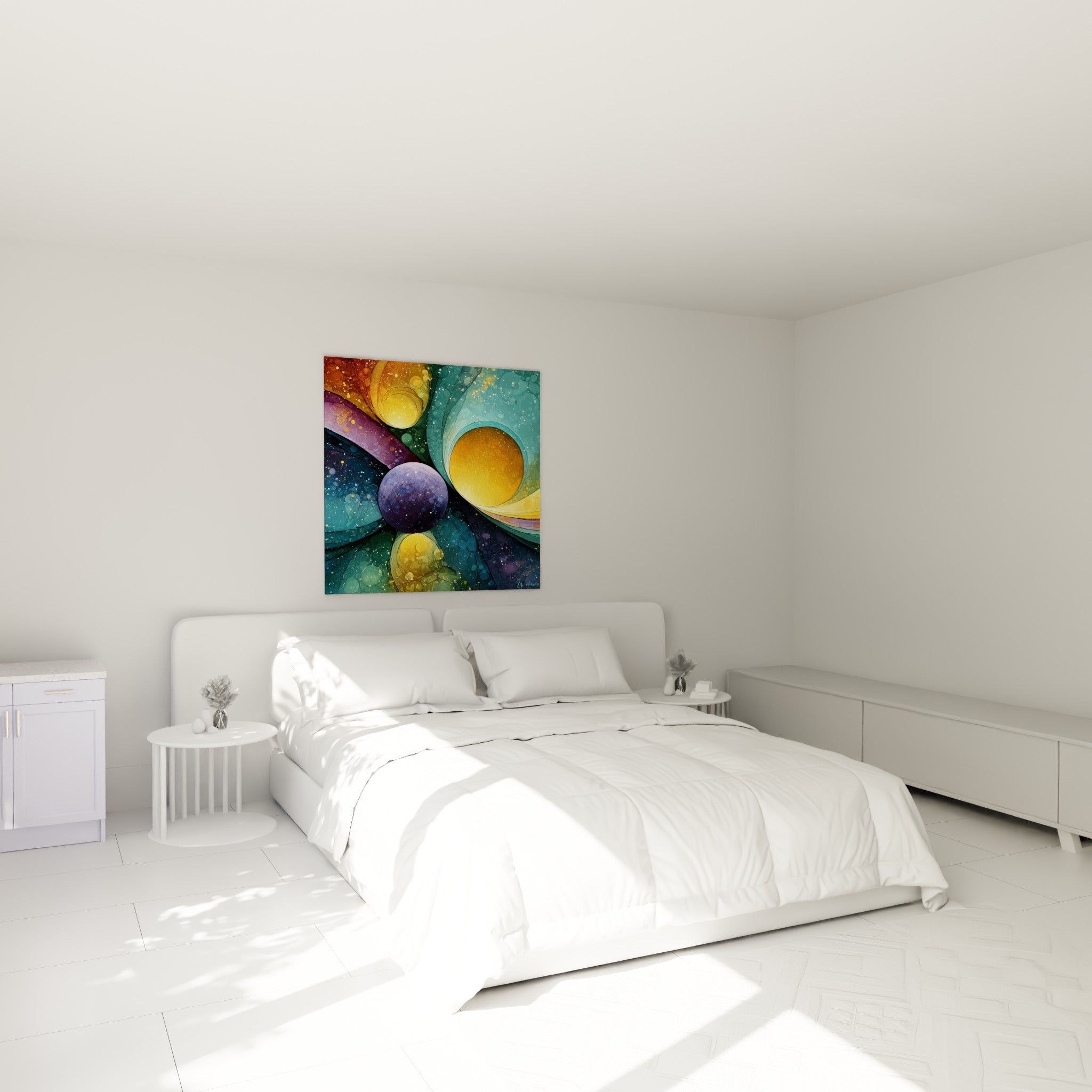 Orbes dorées et pourpres du tableau géométrique abstrait accrochées au-dessus d'un lit dans une chambre claire