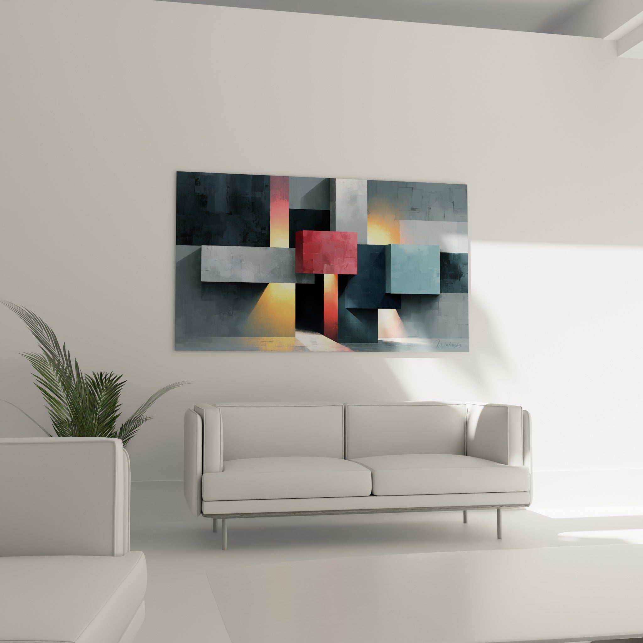 Cube rouge terracotta et lumière dorée en perspective, tableau géométrique abstrait au-dessus d'un canapé dans un salon lumineux