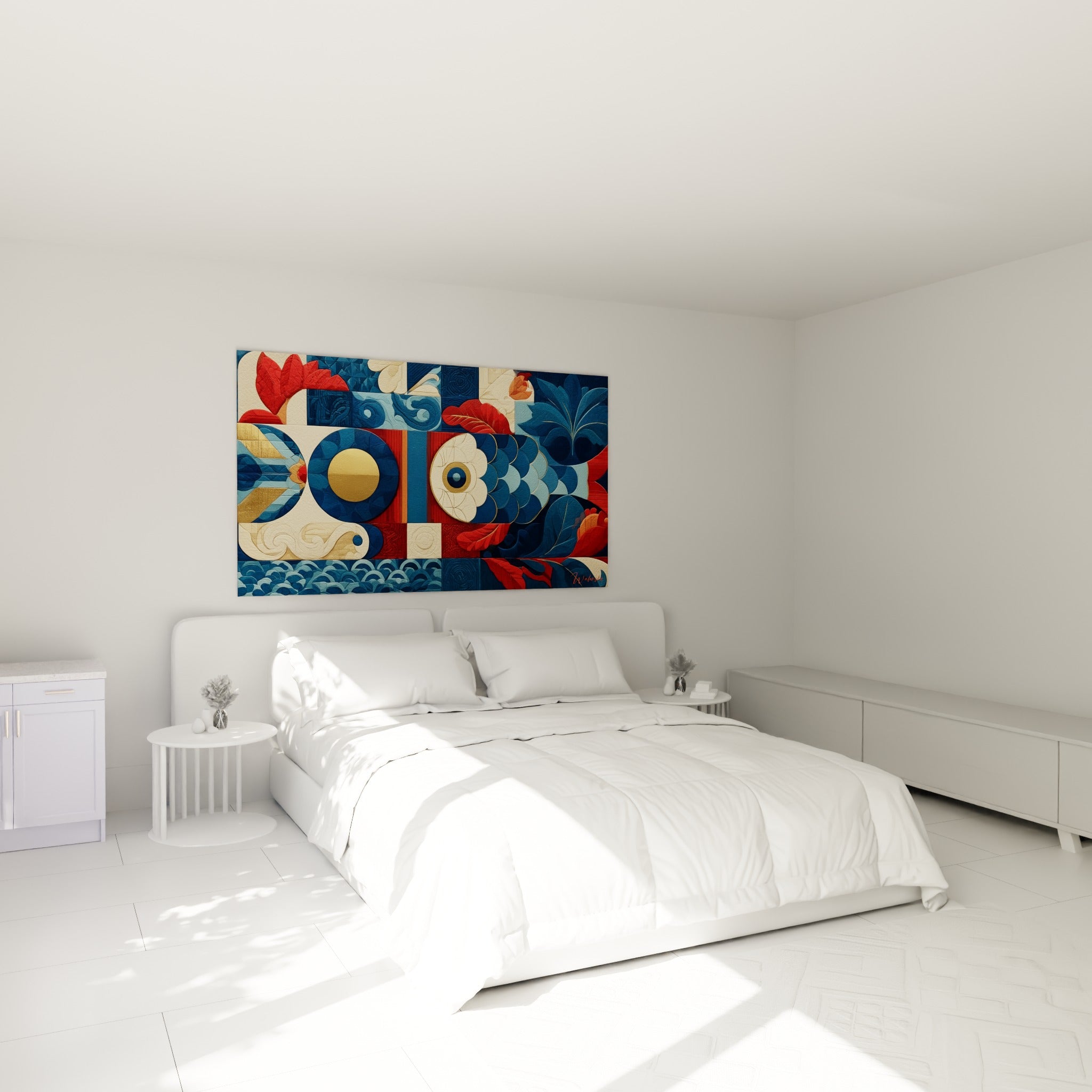 Motifs orientaux bleu et rouge de ce poisson géométrique abstrait au-dessus d'un lit dans une chambre claire