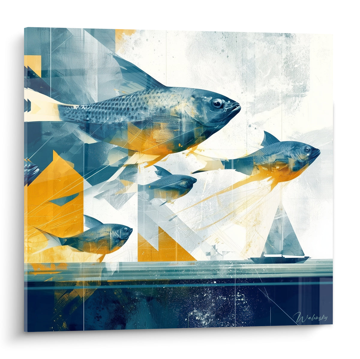 Poissons bleu marine et ocre géométrique abstrait nageant sur fond blanc texturé, écailles détaillées