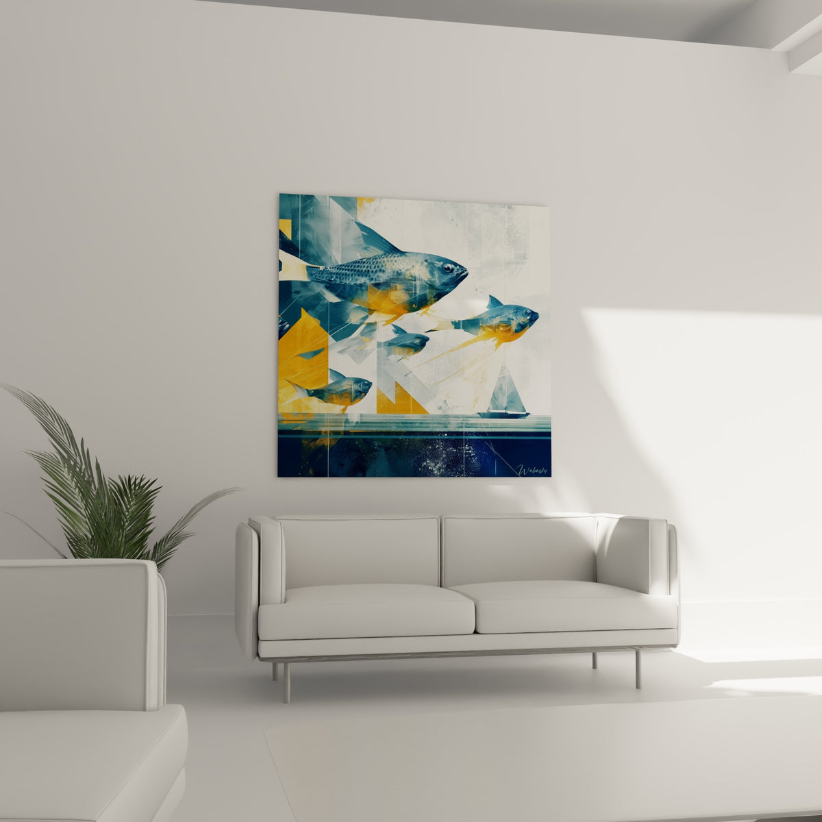Poissons anthracite et dorés géométrique abstrait en pleine nage, au-dessus d'un canapé dans un salon lumineux