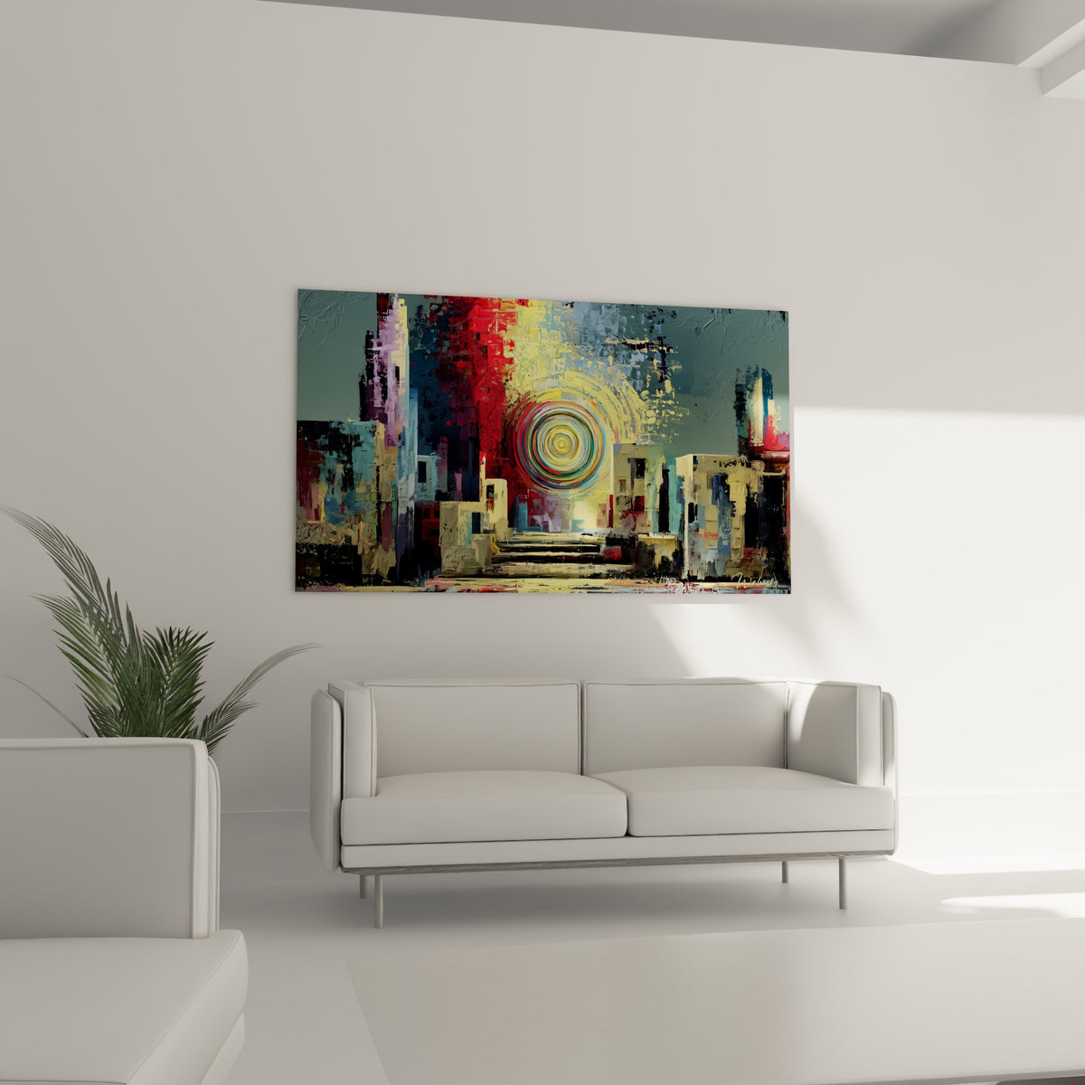 Portail circulaire bleu et jaune traversant une cité abstraite rouge, au-dessus d'un canapé dans un salon lumineux