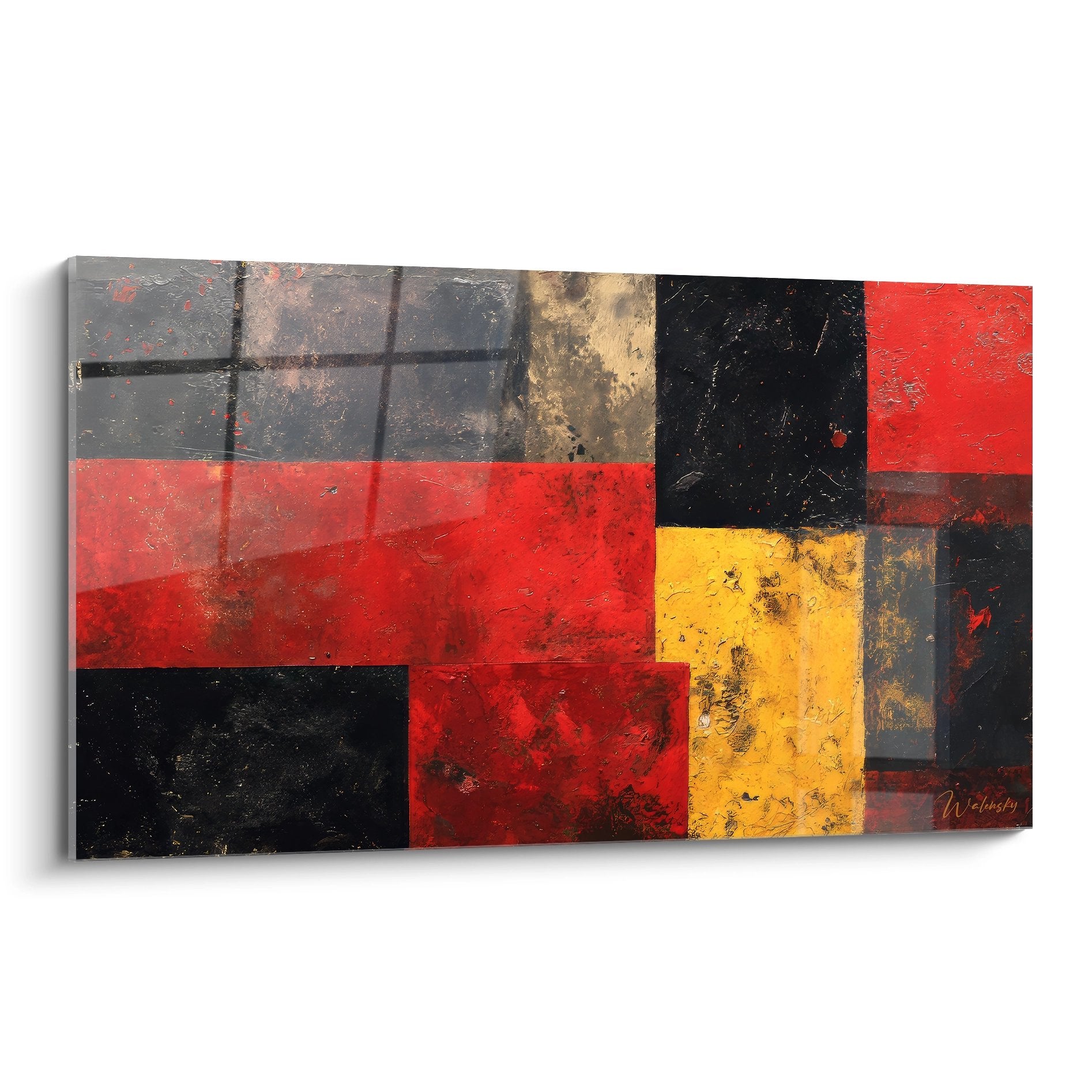 Tableau géométrique abstrait rectangles colorés rouge jaune noir composition moderne art mural décoratif