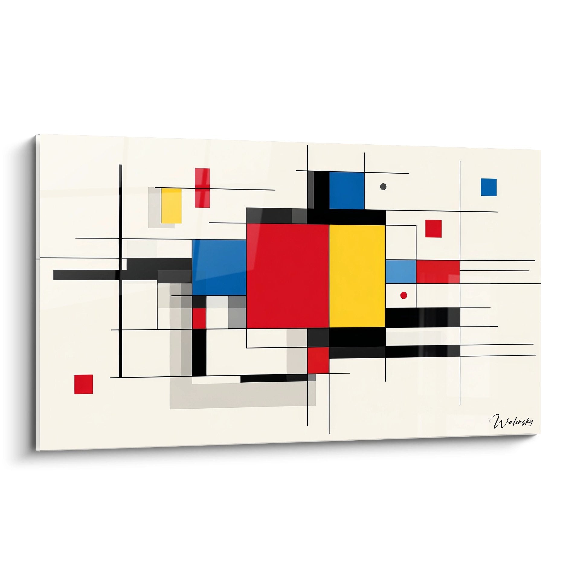 Tableau géométrique abstrait avec formes rectangulaires colorées rouge bleu jaune sur fond crème