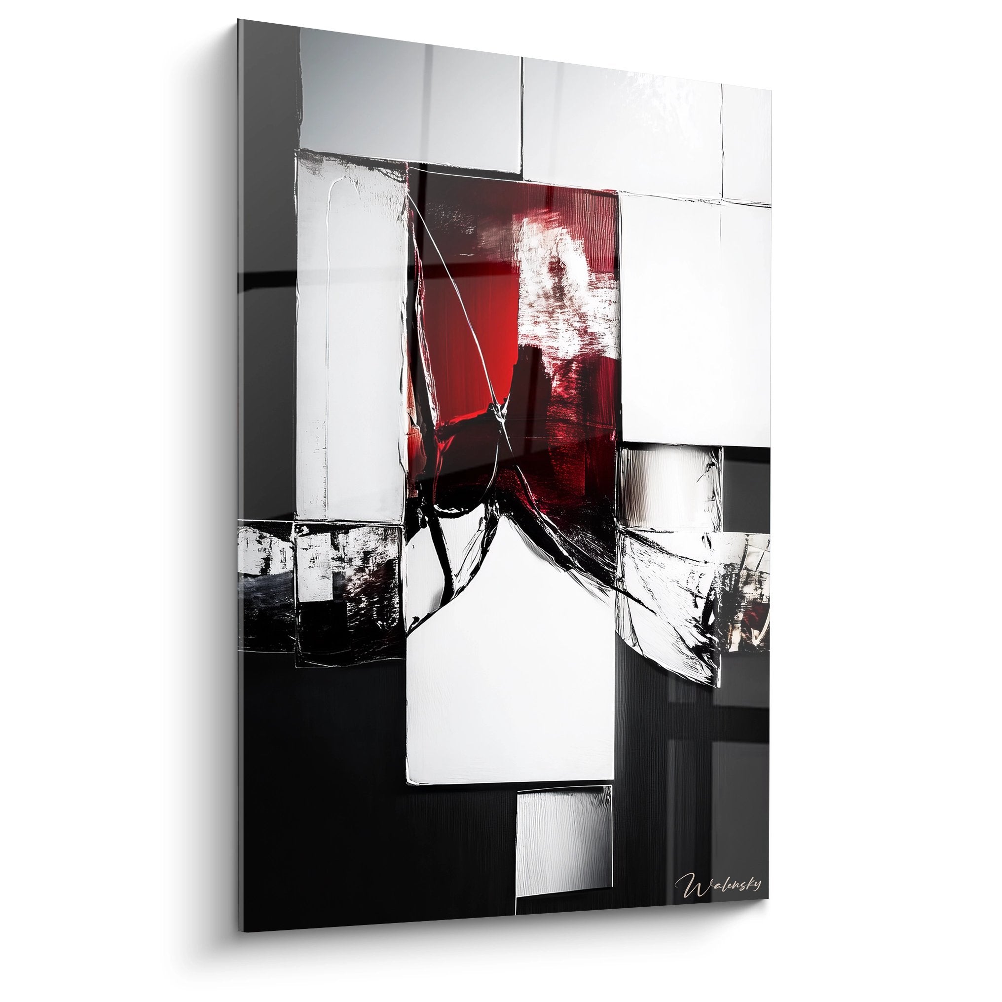 Tableau géométrique abstrait rouge noir composition moderne formes carrés rectangles art contemporain