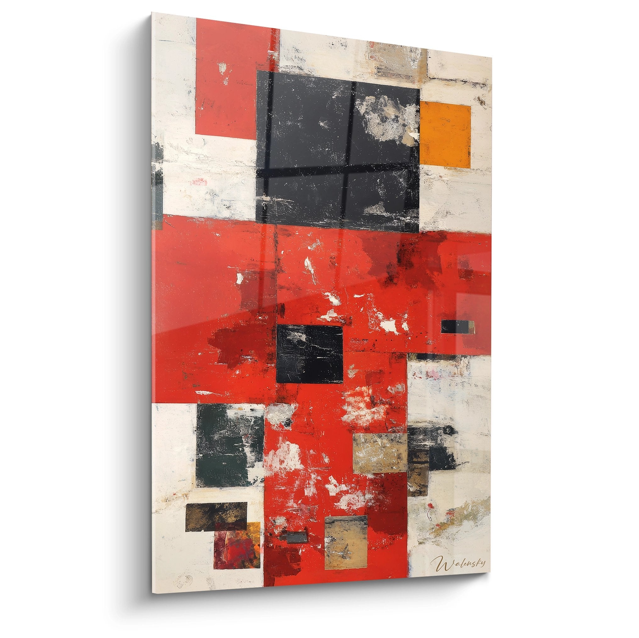 Tableau géométrique abstrait rouge et noir avec formes rectangulaires modernes