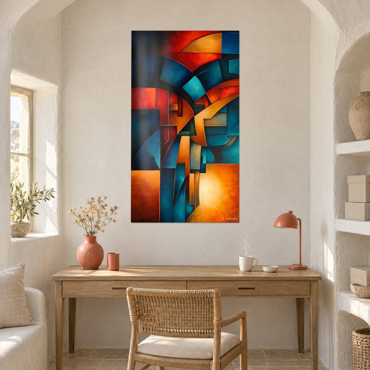 Cuadro geometría abstracta con segmentos en verde azulado, rojo fuego y ocre dorado, colgado sobre un escritorio de madera clara y una lámpara coral