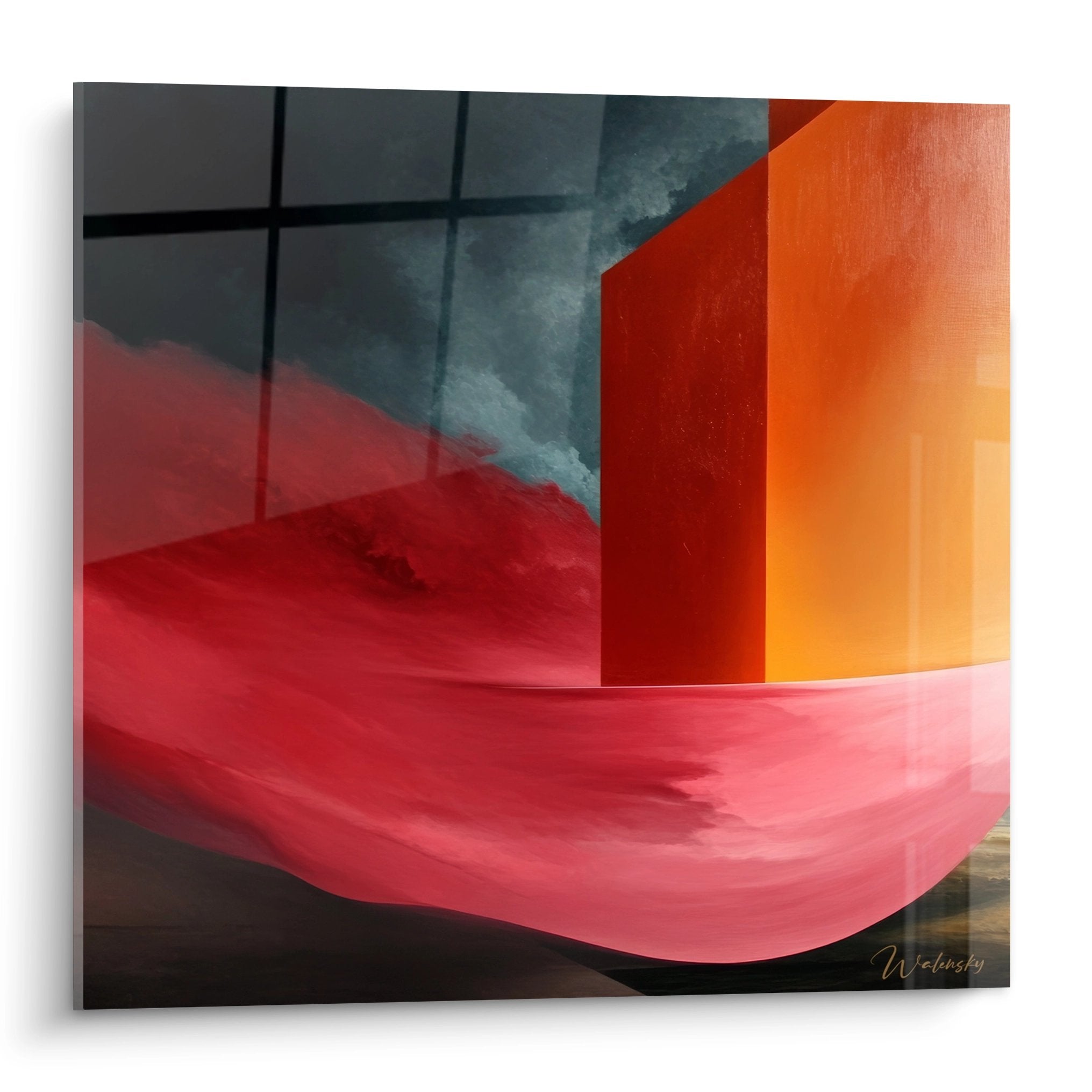Tableau géométrique abstrait rouge orange avec formes architecturales - art mural moderne Wielinsky