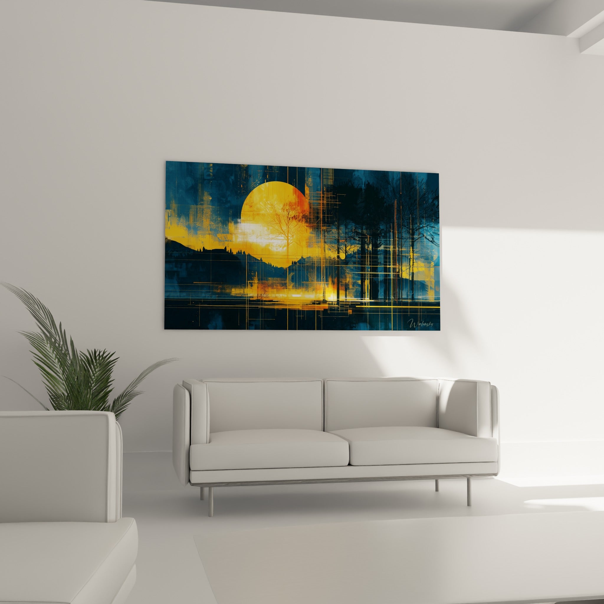 Silhouettes d'arbres et lueur ambrée composant ce tableau géometrique abstrait, au-dessus d'un canapé dans un salon lumineux