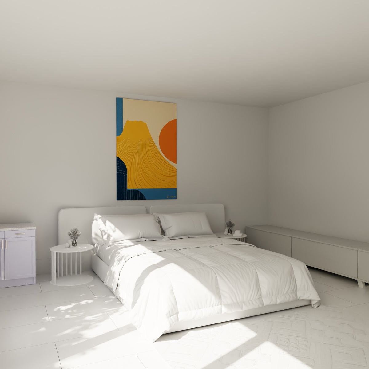 Sommet doré aux lignes ondulées et disque orangé, tableau géométrique abstrait au-dessus d'un lit dans une chambre claire