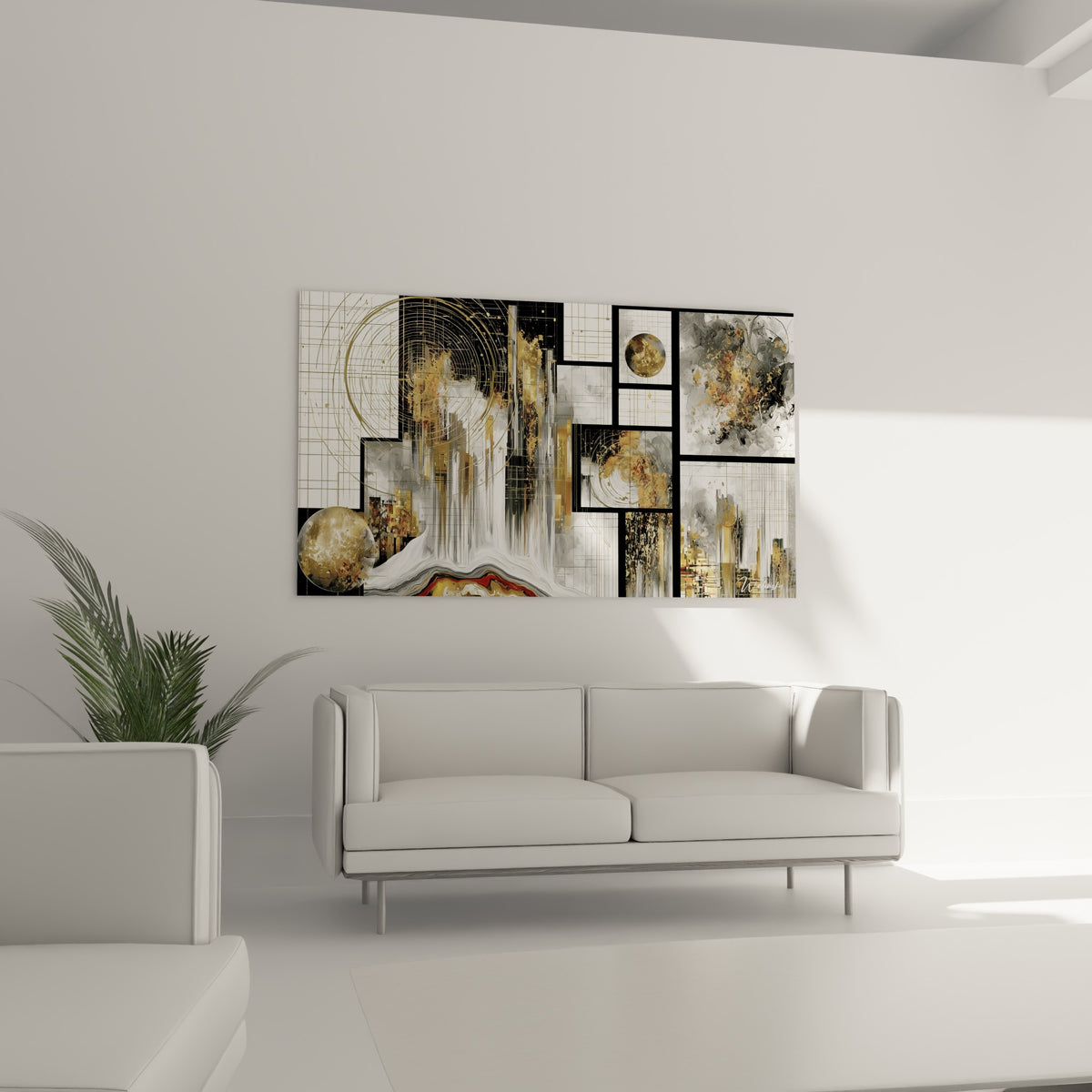 Panneaux dorés et gris d'un tableau géométrique abstrait au-dessus d'un canapé dans un salon lumineux