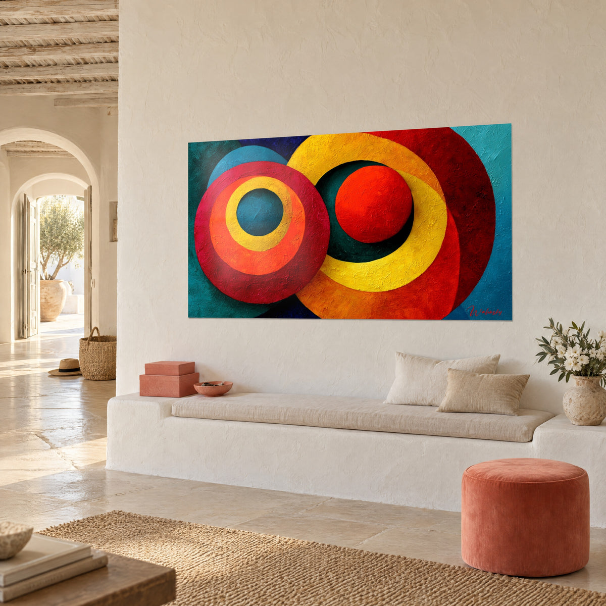 Tableau spirale de disques écarlates, safran et bleu pétrole en relief, vu de trois-quarts sur mur blanc, banquette méditerranéenne