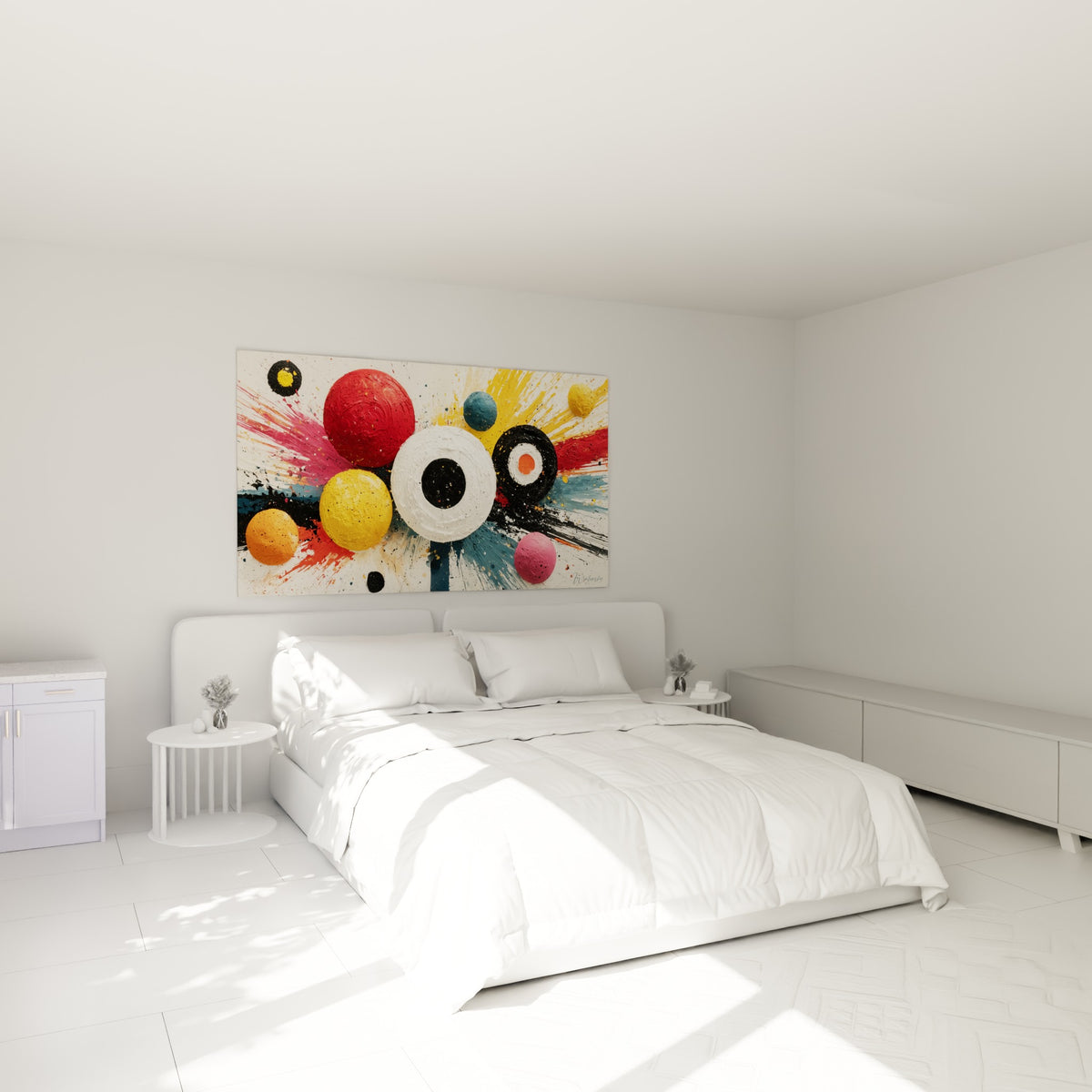 Sphères géométriques abstraites rouge et bleu marine accrochées au-dessus d'un lit dans une chambre claire