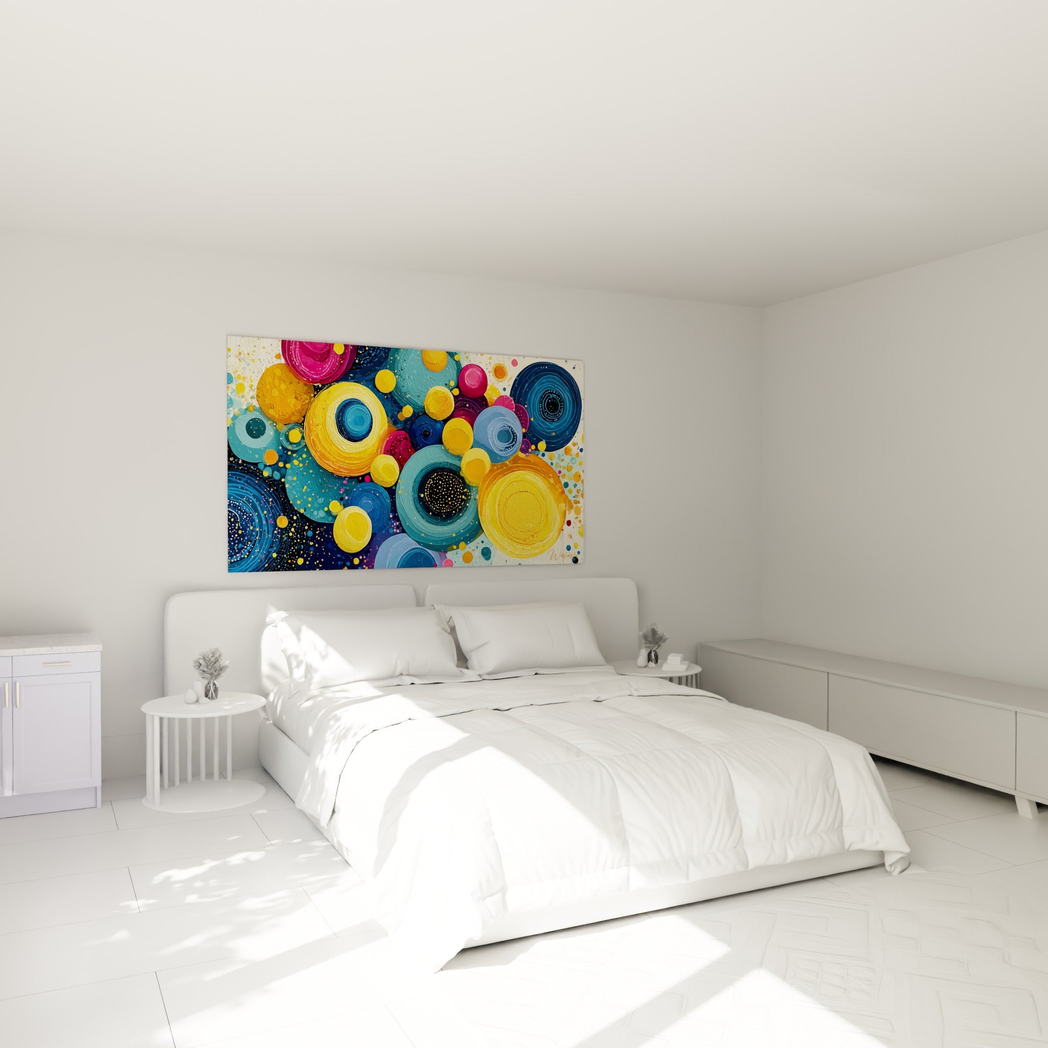 Sphères peintes en bleu marine et jaune doré, tableau géométrique abstrait au-dessus d'un lit dans une chambre claire