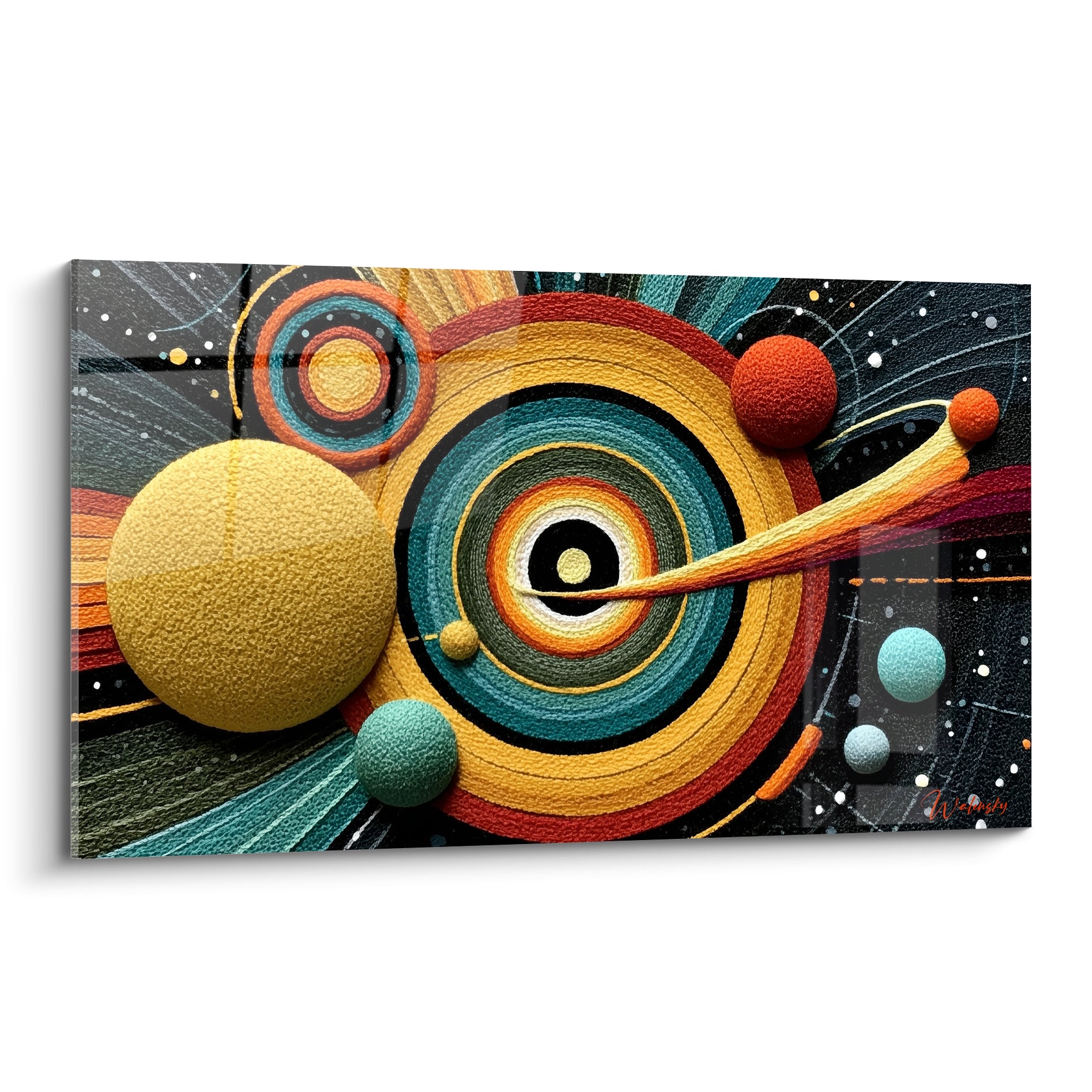 Sphères jaunes et bleu sarcelle en orbite autour de cercles concentriques ocre et rouge sur fond anthracite étoilé
