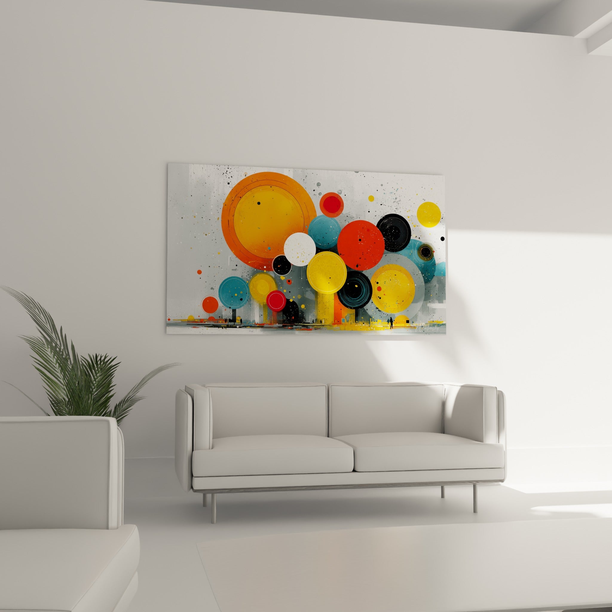 Composition de sphères jaune, bleu sarcelle et noir domine un canapé dans un salon lumineux