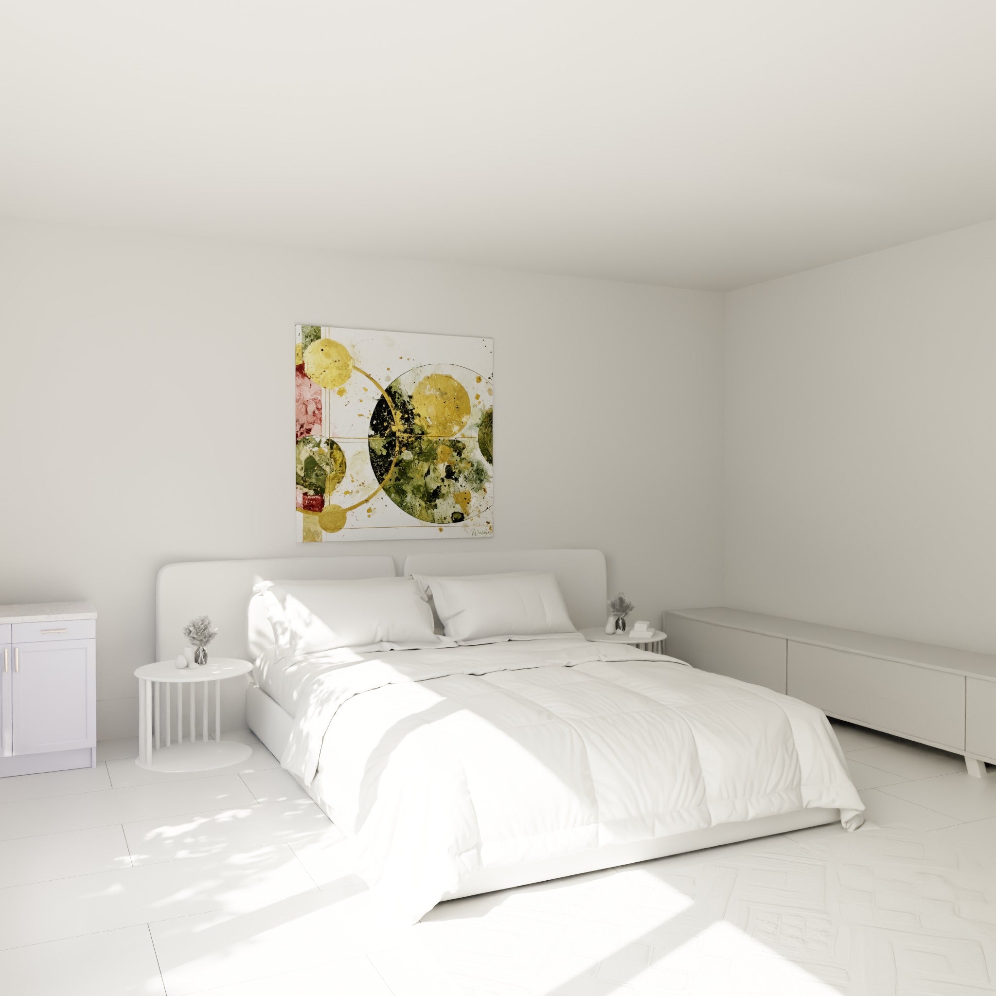 Sphères dorées et vertes du géométrique abstrait accrochées au-dessus d'un lit dans une chambre claire