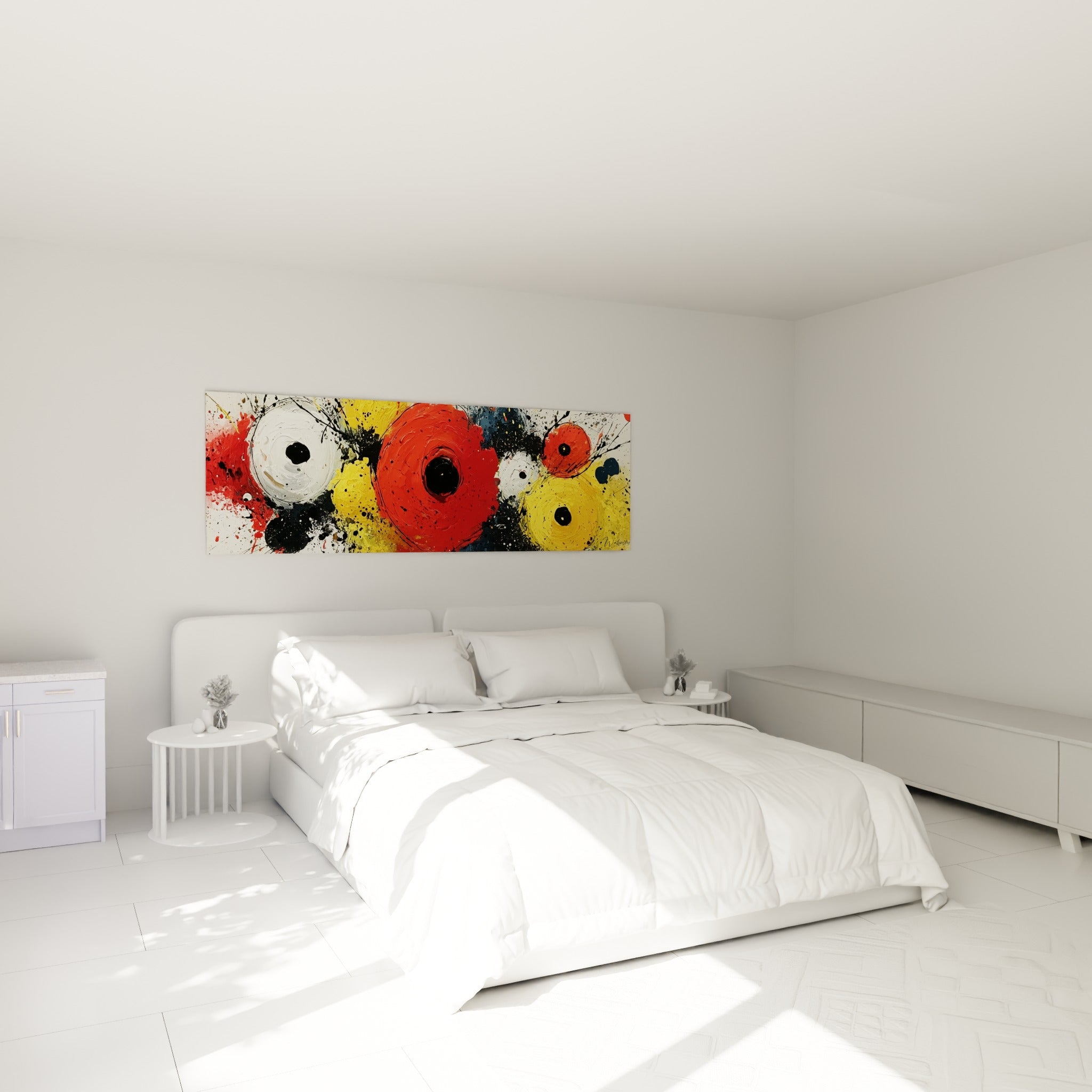 Sphères rouges et jaunes éclatées d'encre noire, tableau géométrique abstrait au-dessus d'un lit dans une chambre claire