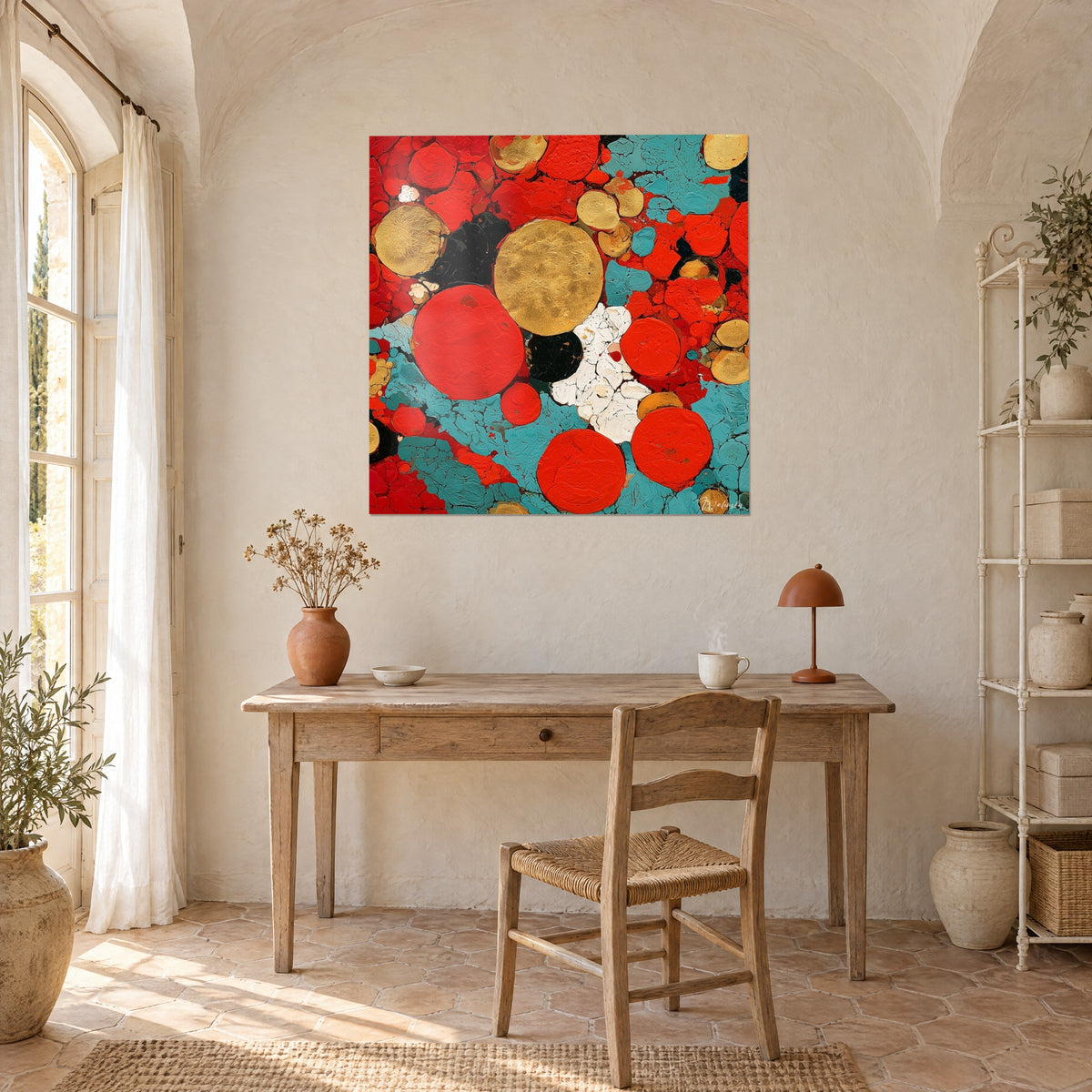 Tableau constellation de ronds cramoisis et or sur fond turquoise, au-dessus d'un bureau en bois clair, dans un mas provençal