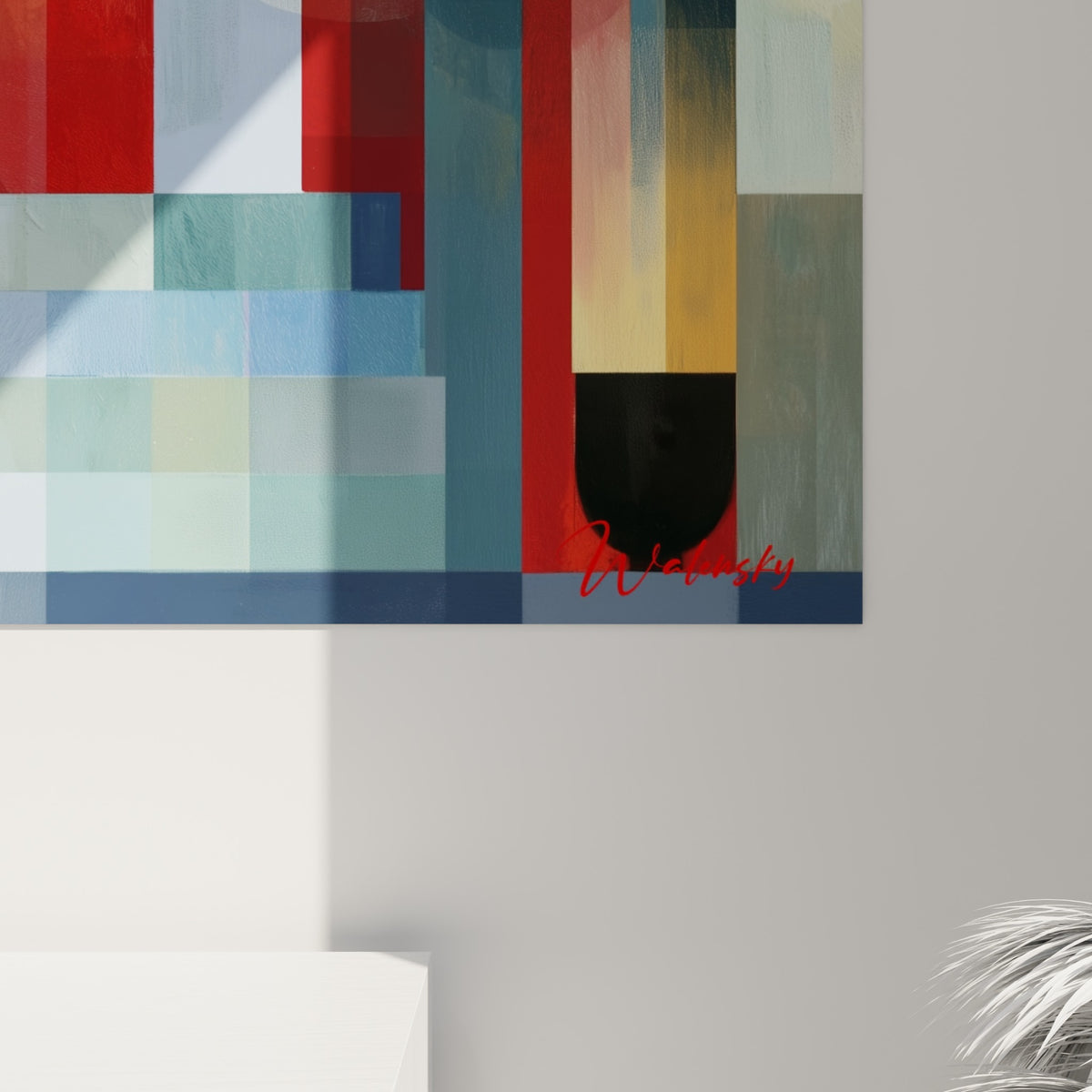 Textures superposées en rouge profond et bleu ardoise, empâtements visibles sur cette œuvre géométrique abstraite