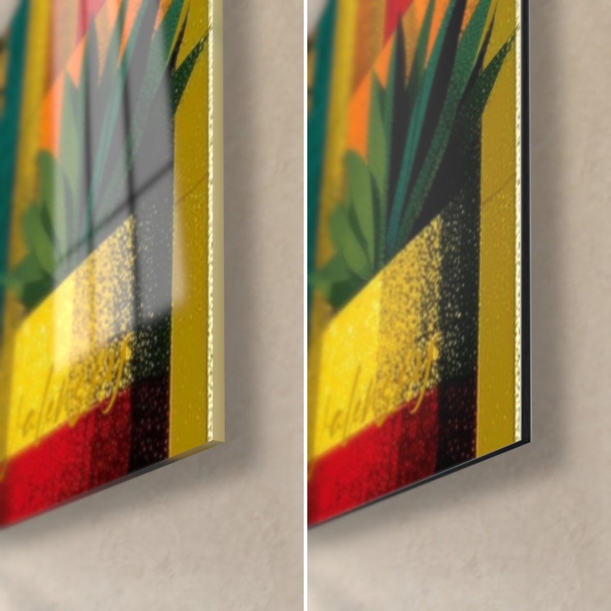 Tableau plantes vertes en blocs géométriques, coin bas droit jaune et rouge, verre brillant et Dibond mat, tranche de 3 mm