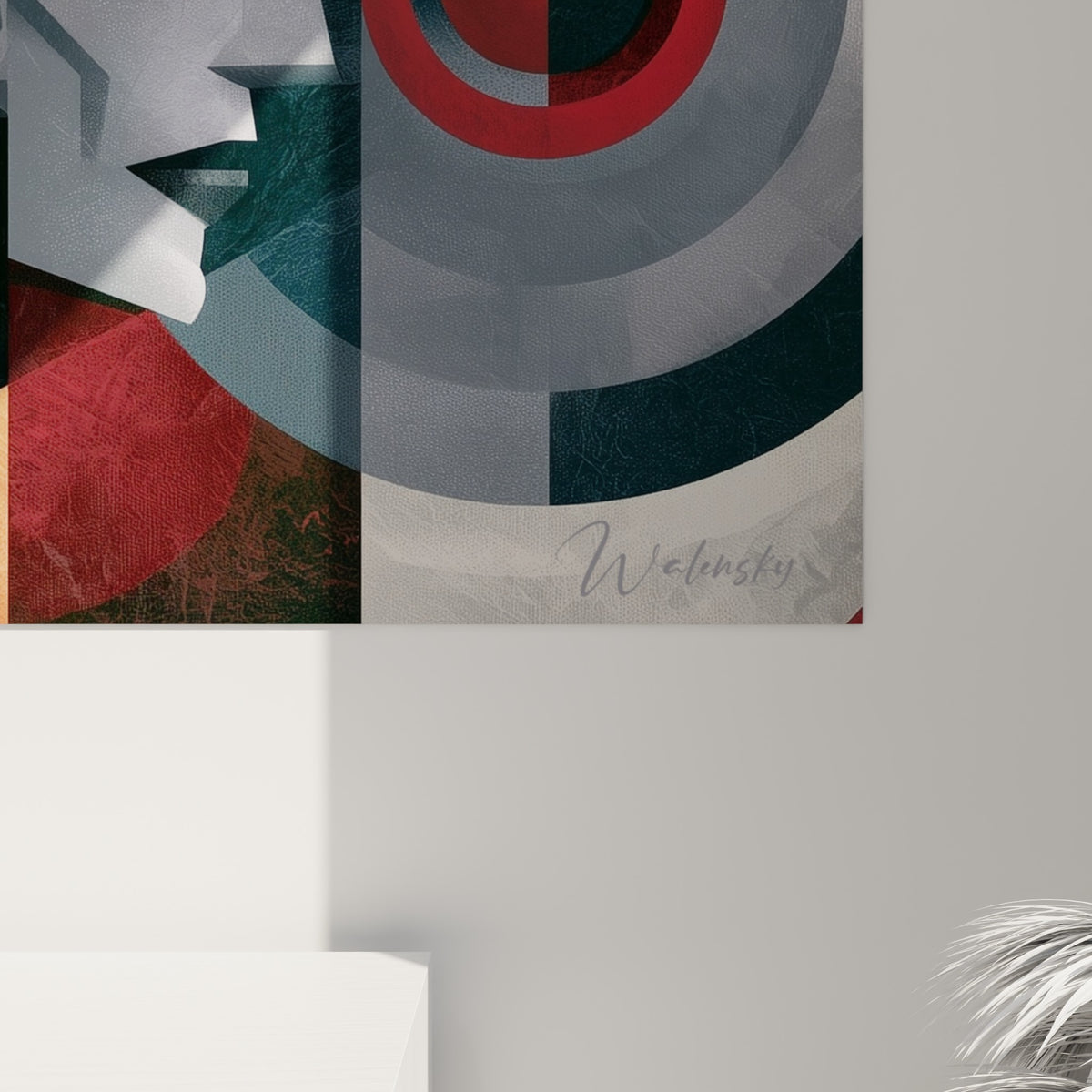 Empâtements et dégradés dorés visibles sur ce géometrique abstrait, grain marqué entre rouge sombre et gris